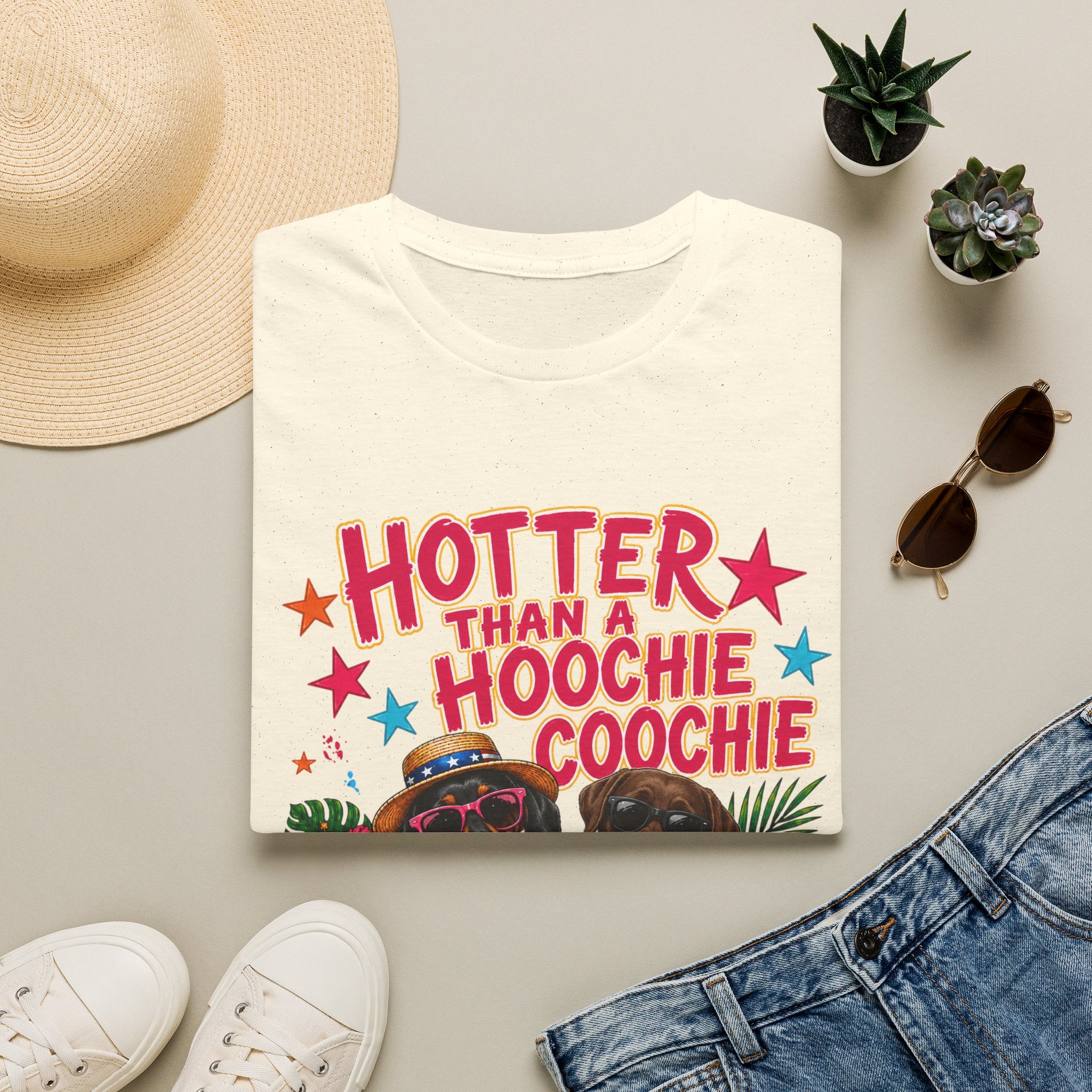 Hotter Than a Hoochie Coochie T-Shirt — Funny Summer Graphic Tee with Dogs