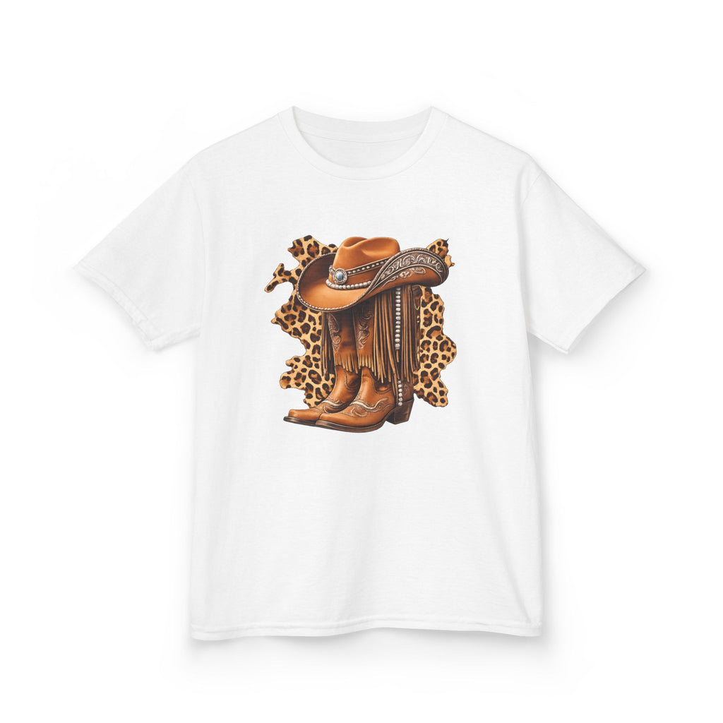 Kids Cowboy Hat & Boots Tee — Leopard Print Western Kids T-Shirt