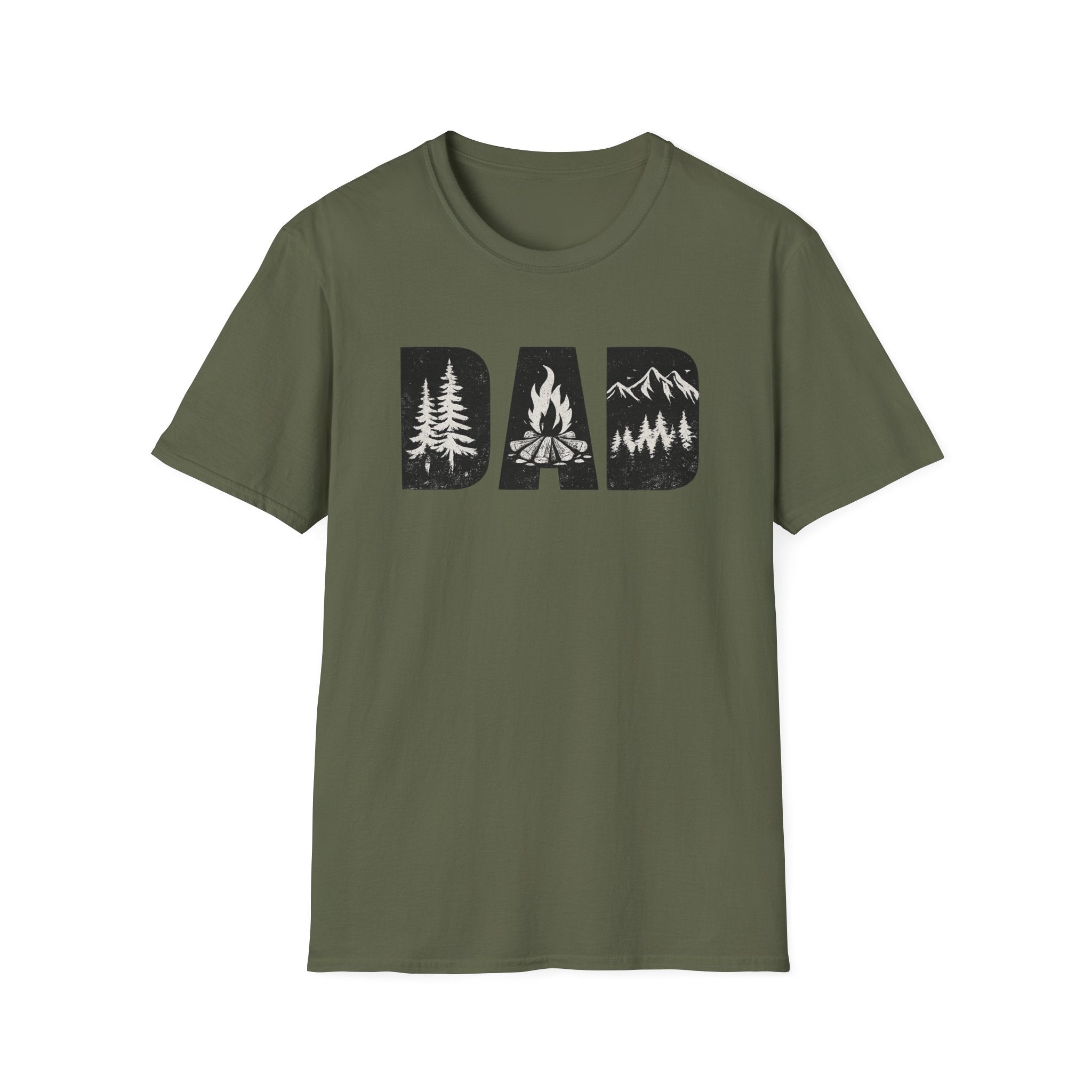 Dad Camping T-Shirt — Rustic Outdoors Father’s Day Shirt (DAD with Trees, Campfire & Mountains)