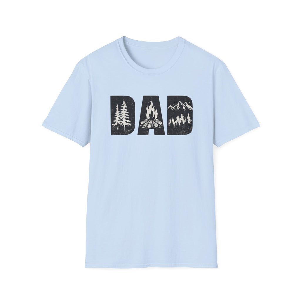 Dad Camping T-Shirt — Rustic Outdoors Father’s Day Shirt (DAD with Trees, Campfire & Mountains)