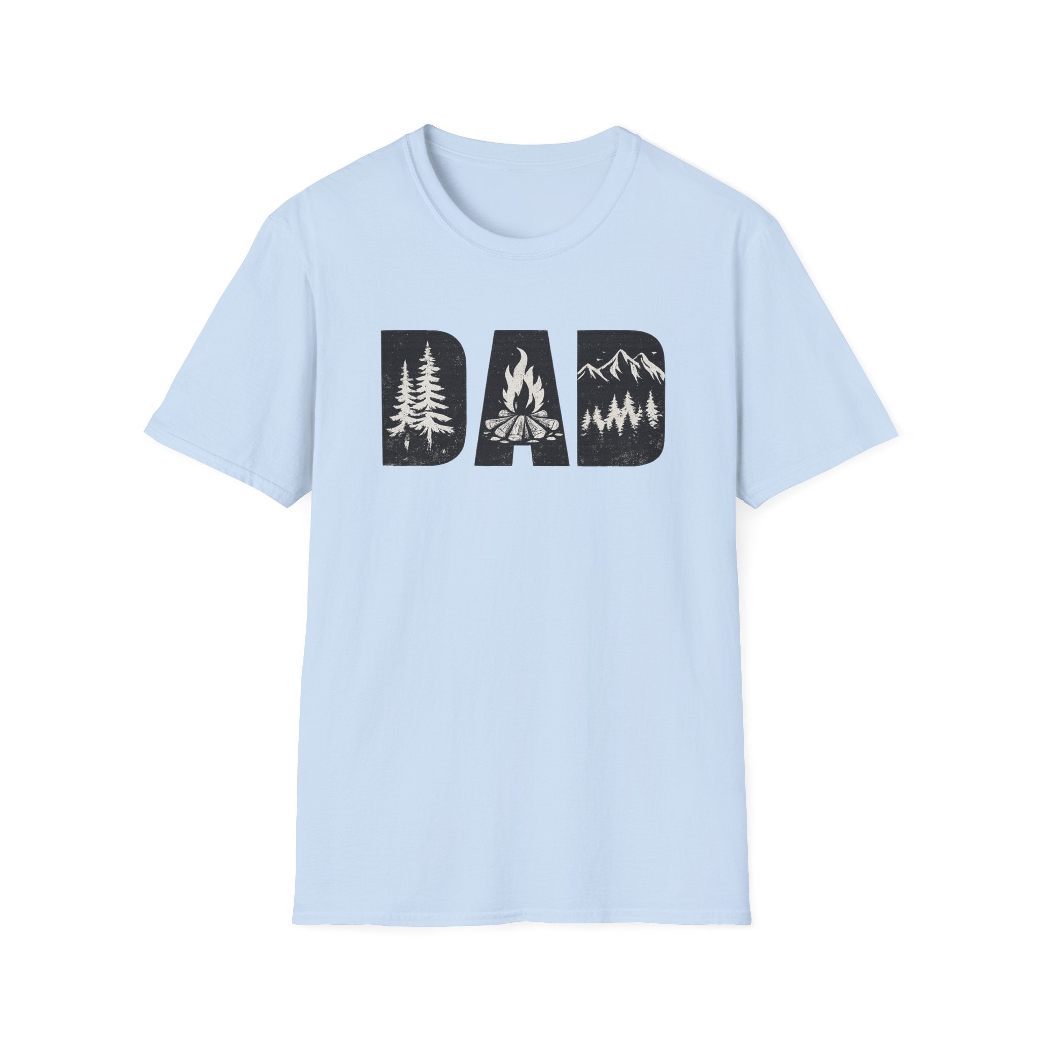 Dad Camping T-Shirt — Rustic Outdoors Father’s Day Shirt (DAD with Trees, Campfire & Mountains)