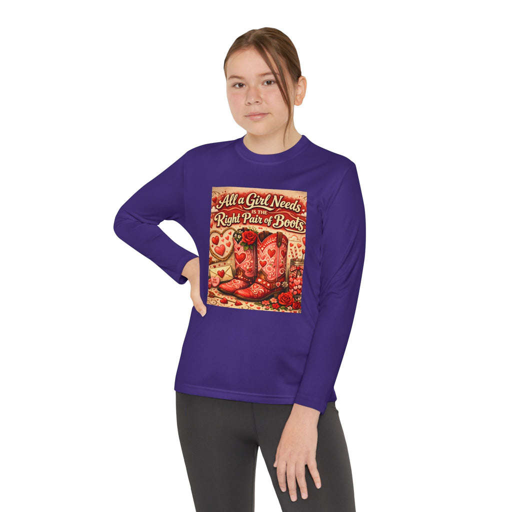 Youth Long Sleeve Tee — "All a Girl Needs is the Right Pair of Boots" Western Graphic