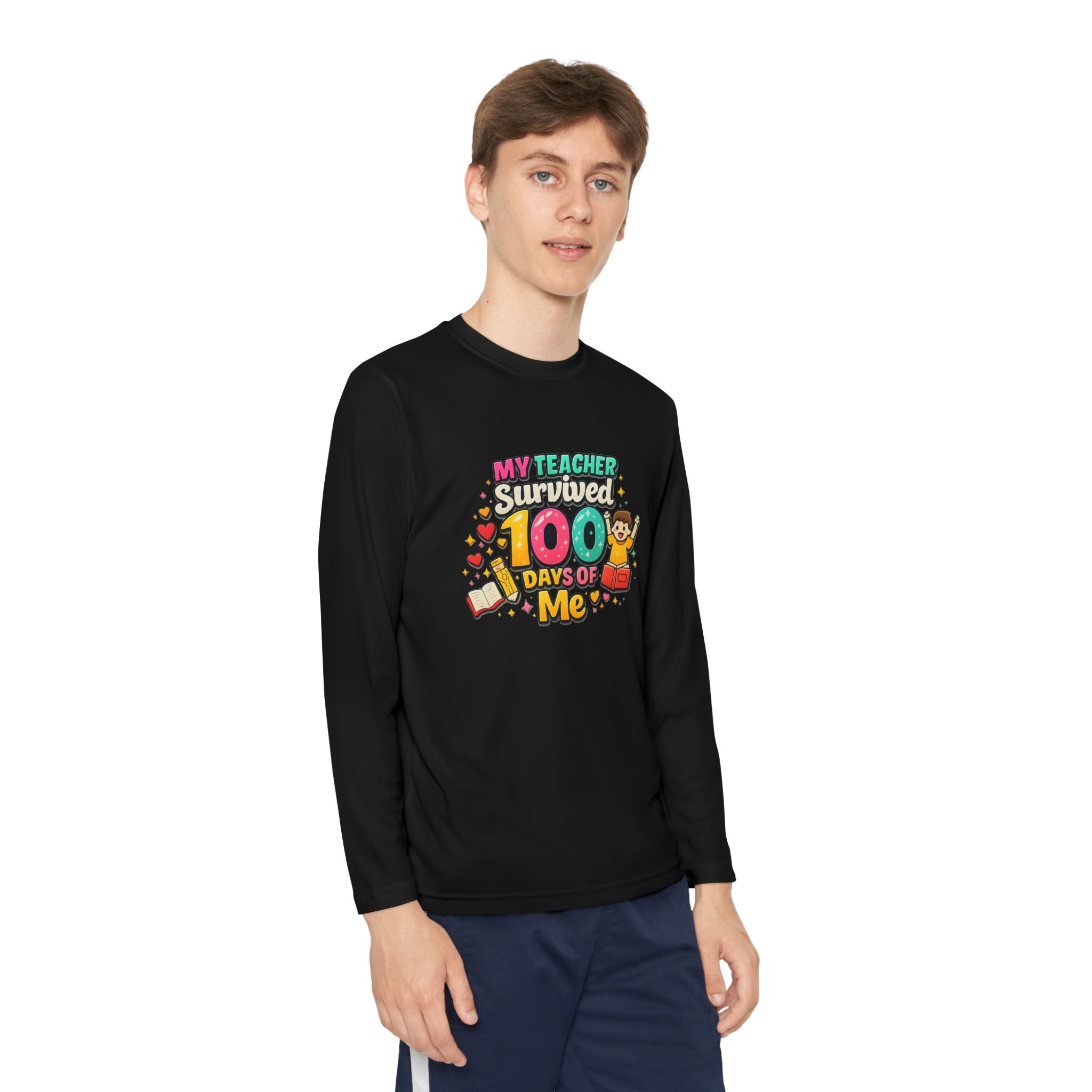 Kids Long Sleeve Tee — “My Teacher Survived 100 Days of Me” Colorful Celebration Shirt