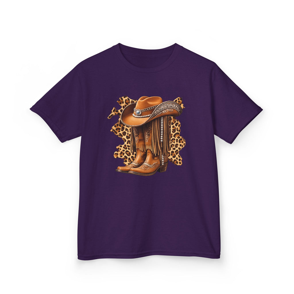 Kids Cowboy Hat & Boots Tee — Leopard Print Western Kids T-Shirt