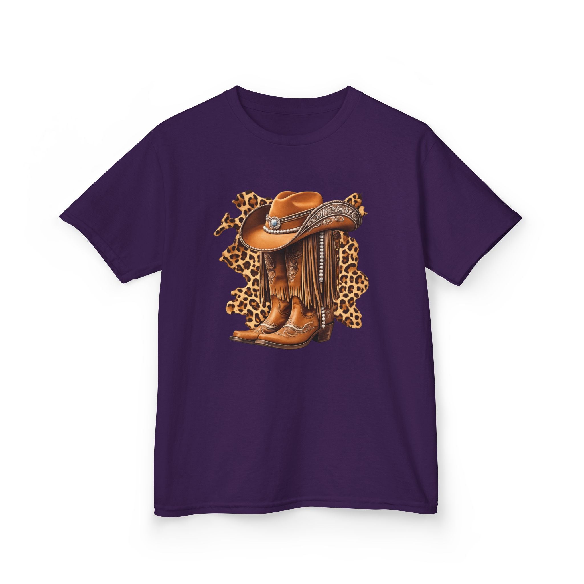 Kids Cowboy Hat & Boots Tee — Leopard Print Western Kids T-Shirt