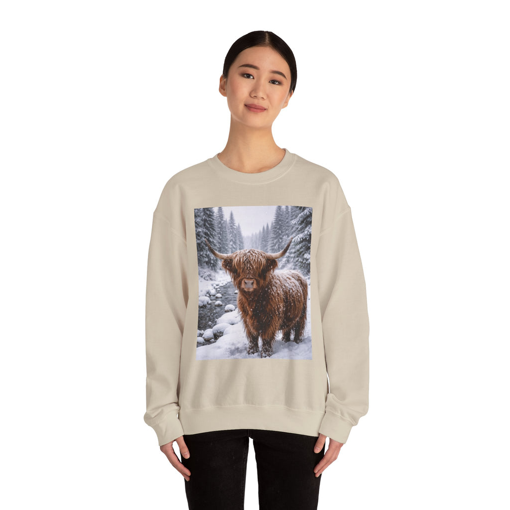 Highland Cow in Snow Crewneck Sweatshirt - Cozy Winter Forest Highlander Graphic