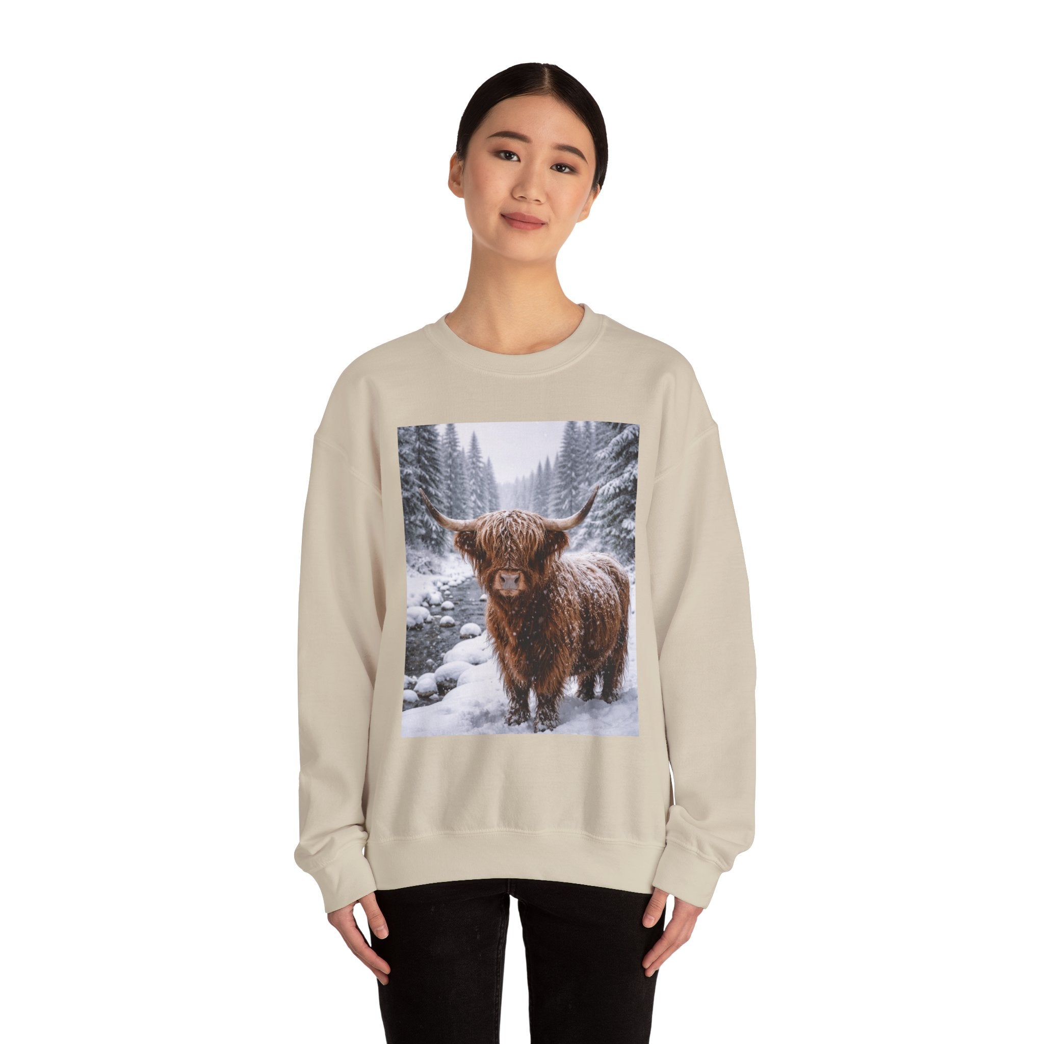 Highland Cow in Snow Crewneck Sweatshirt - Cozy Winter Forest Highlander Graphic