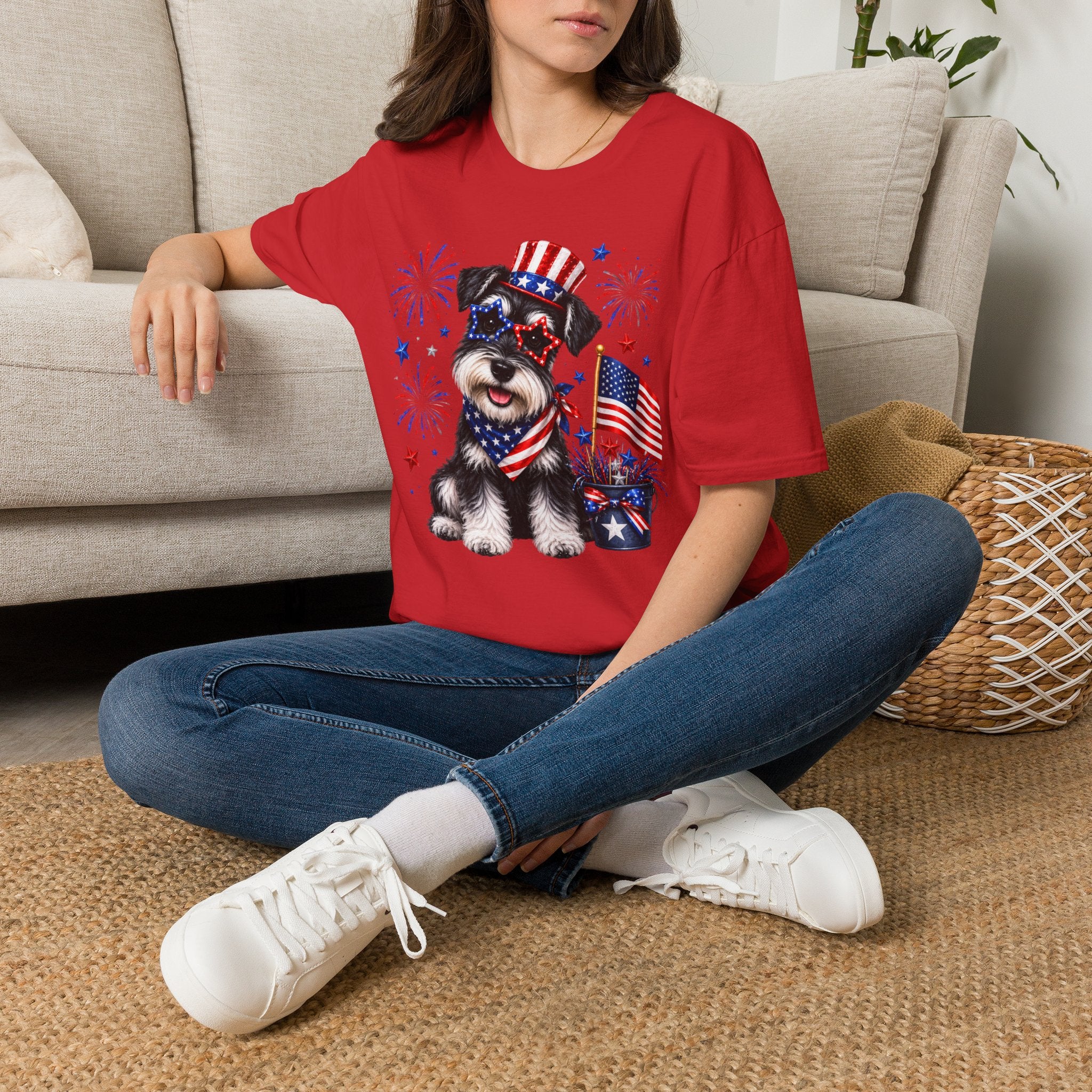 Patriotic Pup T‑Shirt — American Flag Dog with Fireworks (Fourth of July)