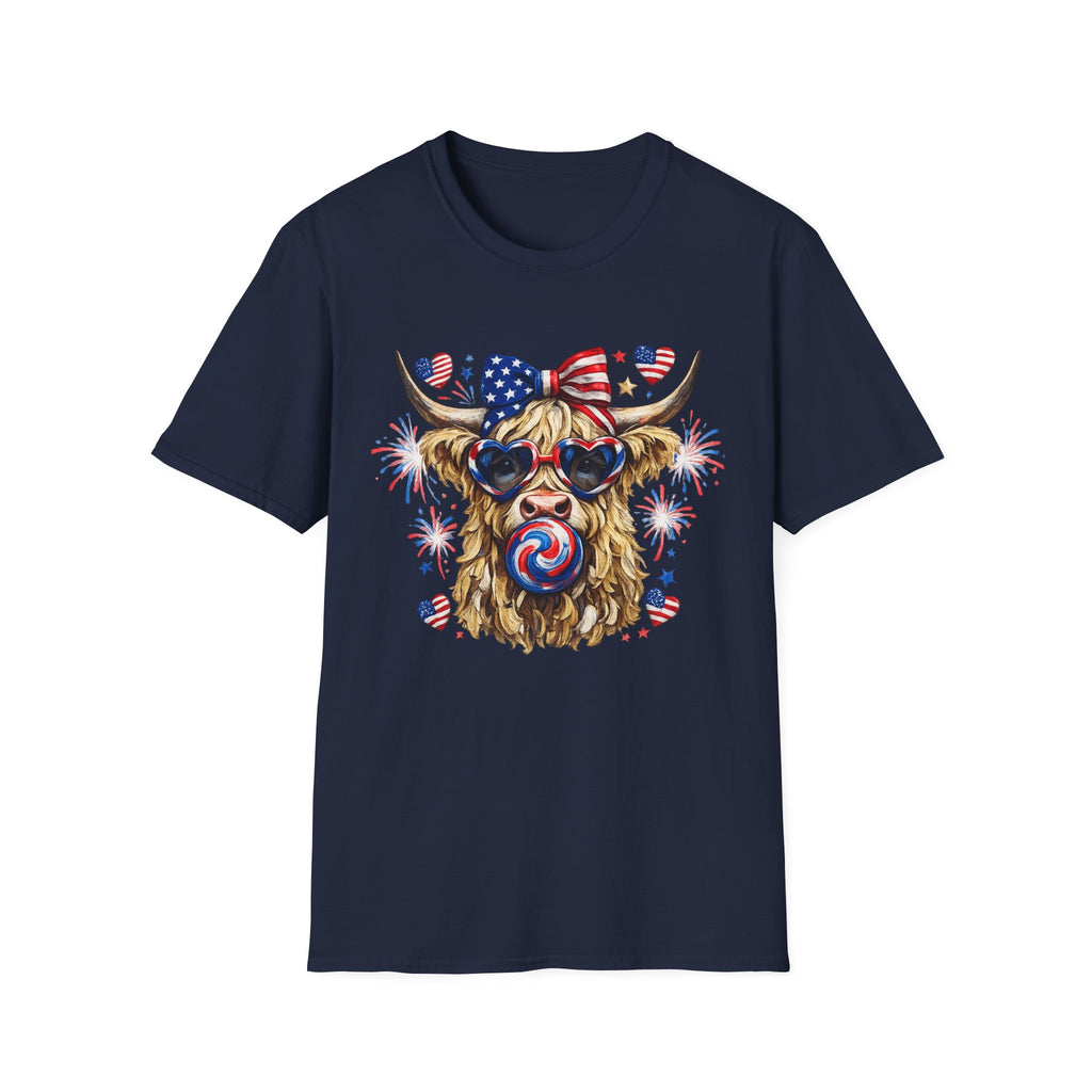 Patriotic Highland Cow T-Shirt — 4th of July American Flag Cow Tee