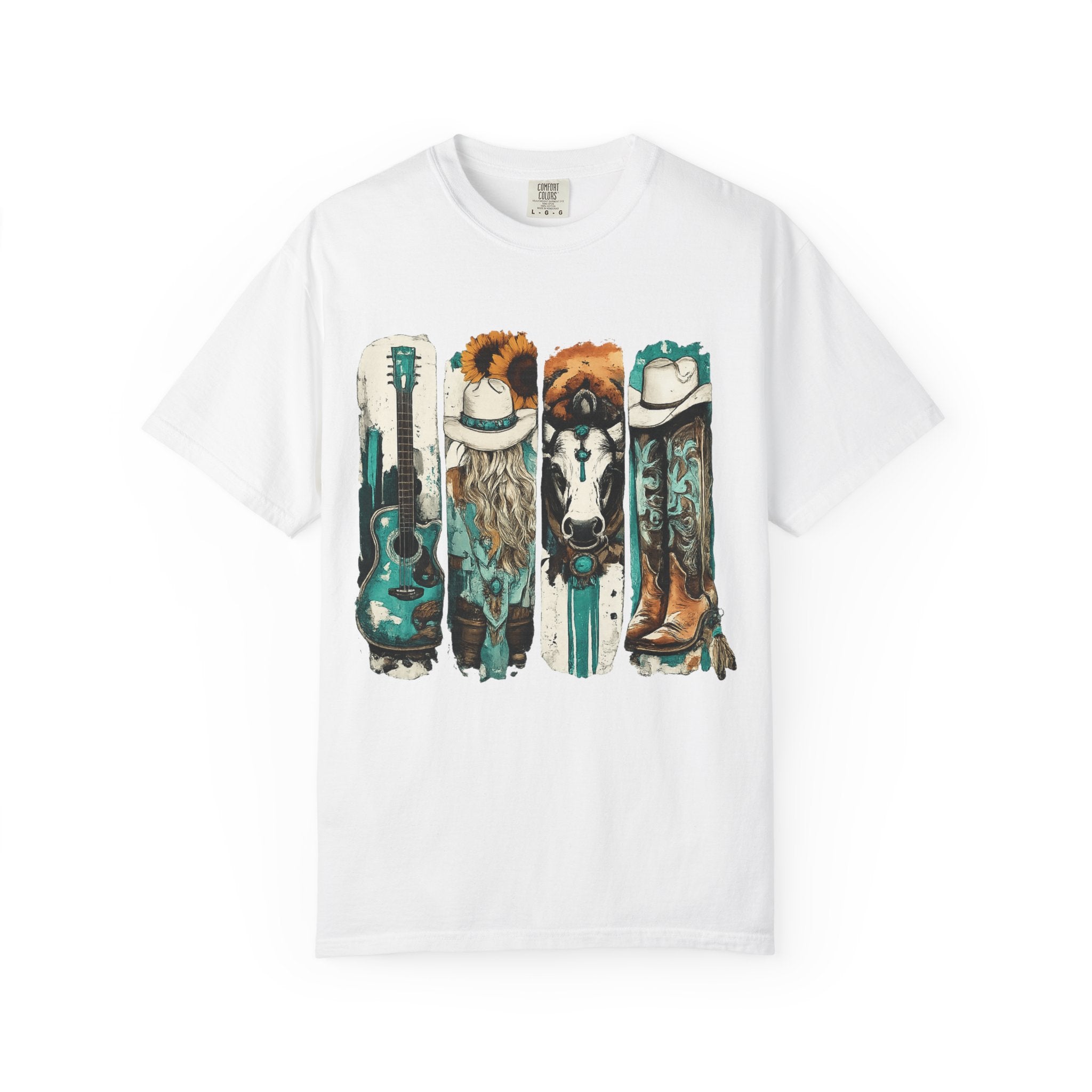 Western Music Icons T-Shirt — Rustic Guitar, Boots & Hat Graphic Tee
