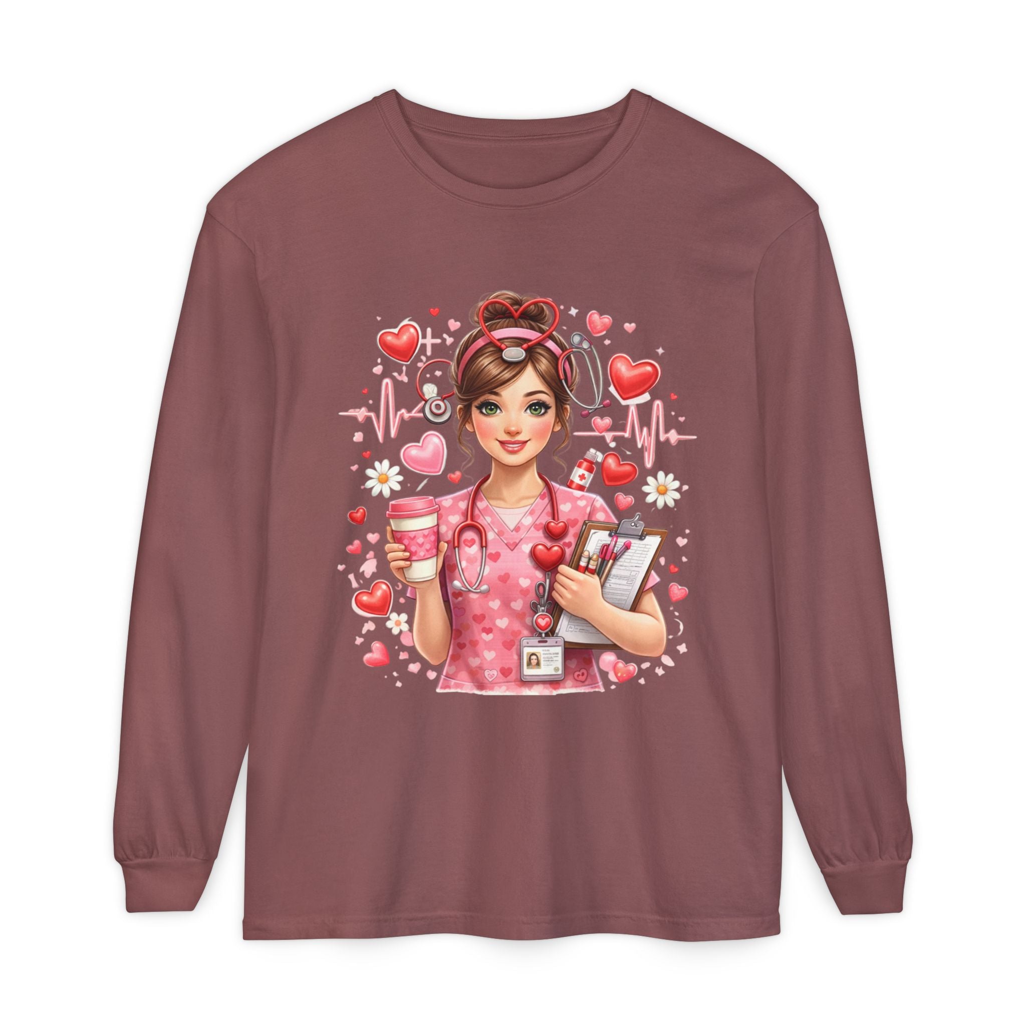 Nurse Love Long Sleeve T-Shirt — Cute Heartbeat Healthcare Graphic