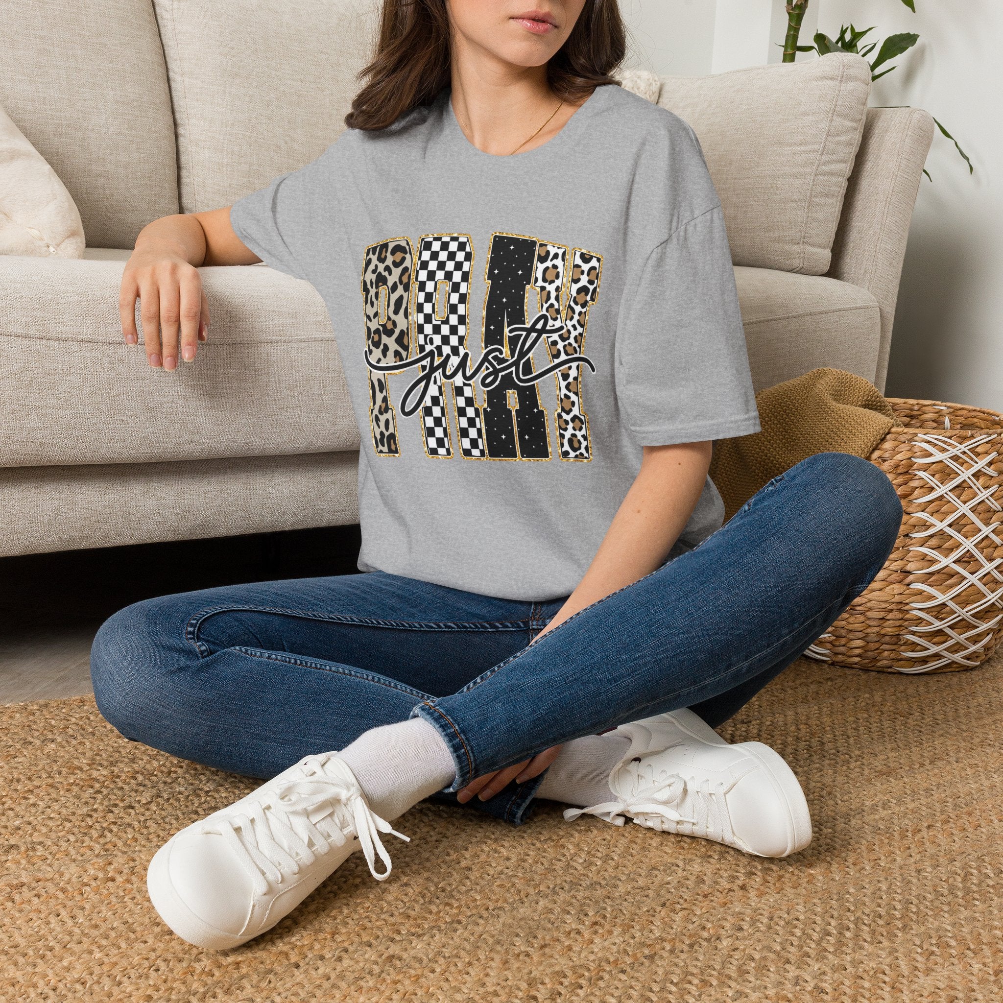 T-Shirt — "Just Day" Leopard & Checker Graphic Tee