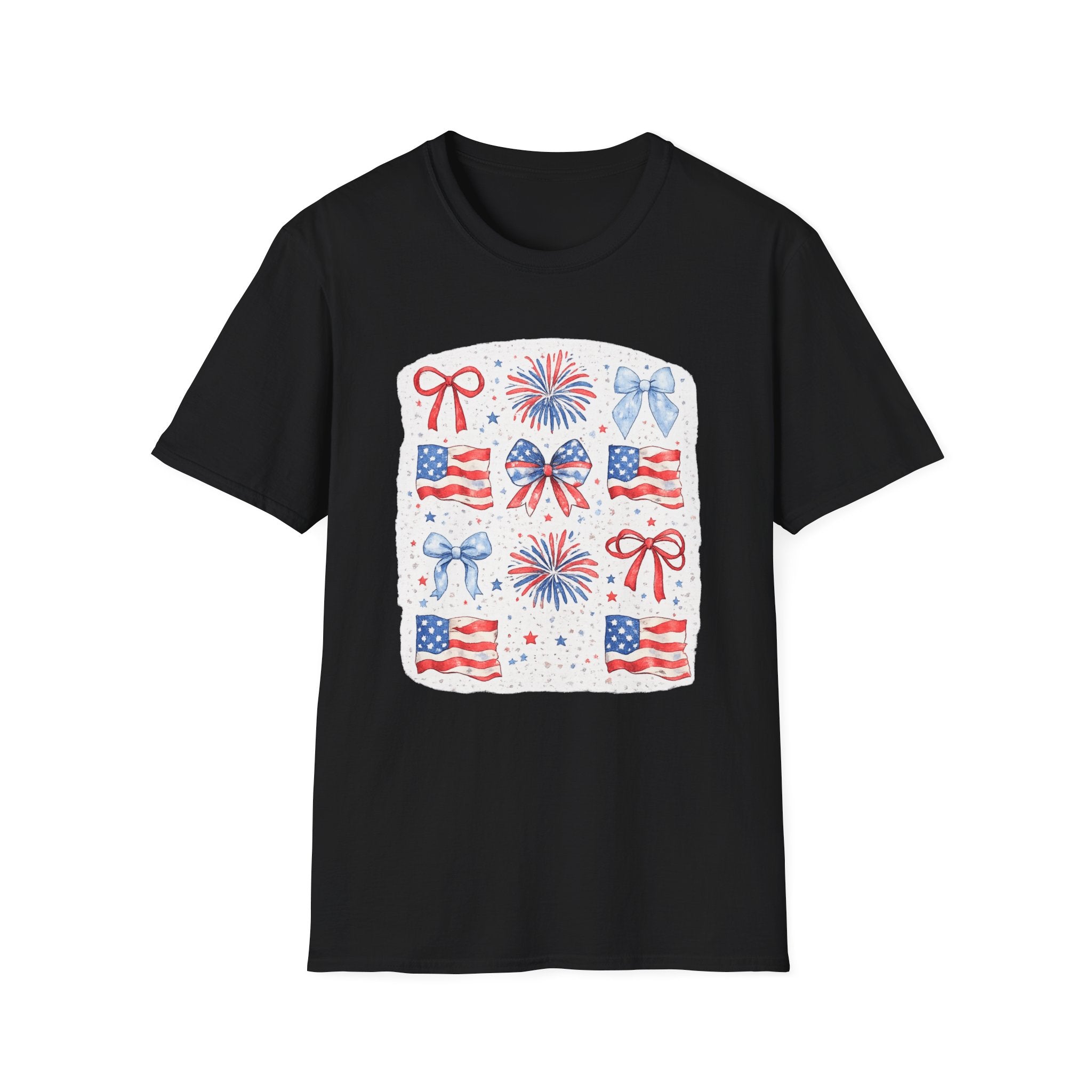 Patriotic 4th of July T-Shirt — USA Flag Bows & Fireworks Design