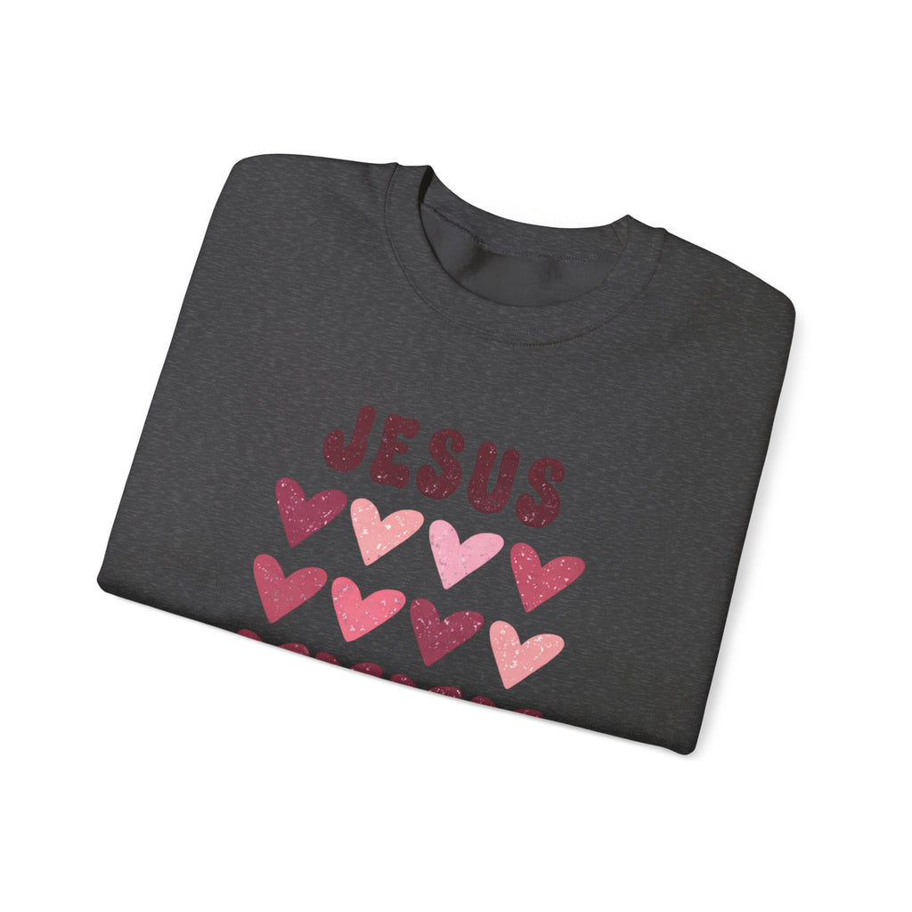 Crewneck Sweatshirt — "Jesus Loves You" Pink Heart Graphic