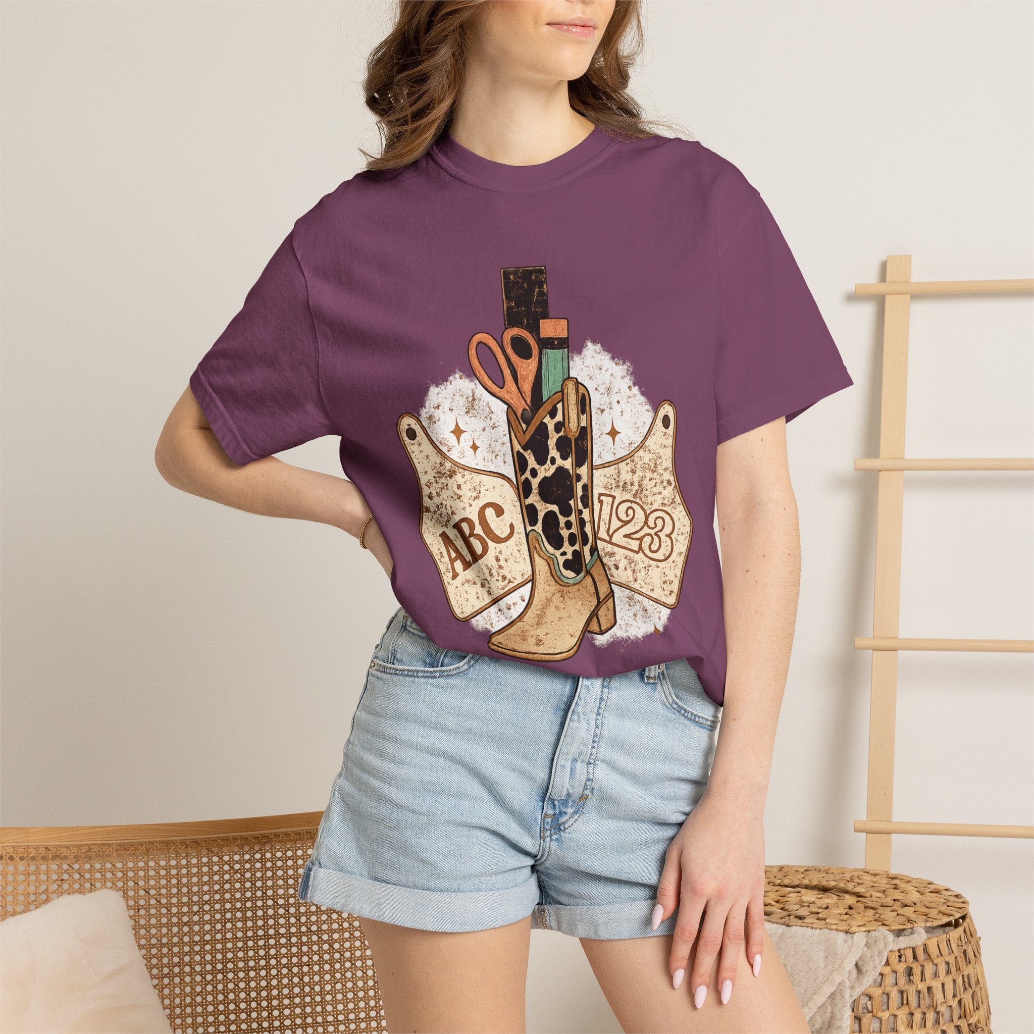 Teacher Cowgirl Boot T-Shirt – ABC 123 Classroom Scissors Design