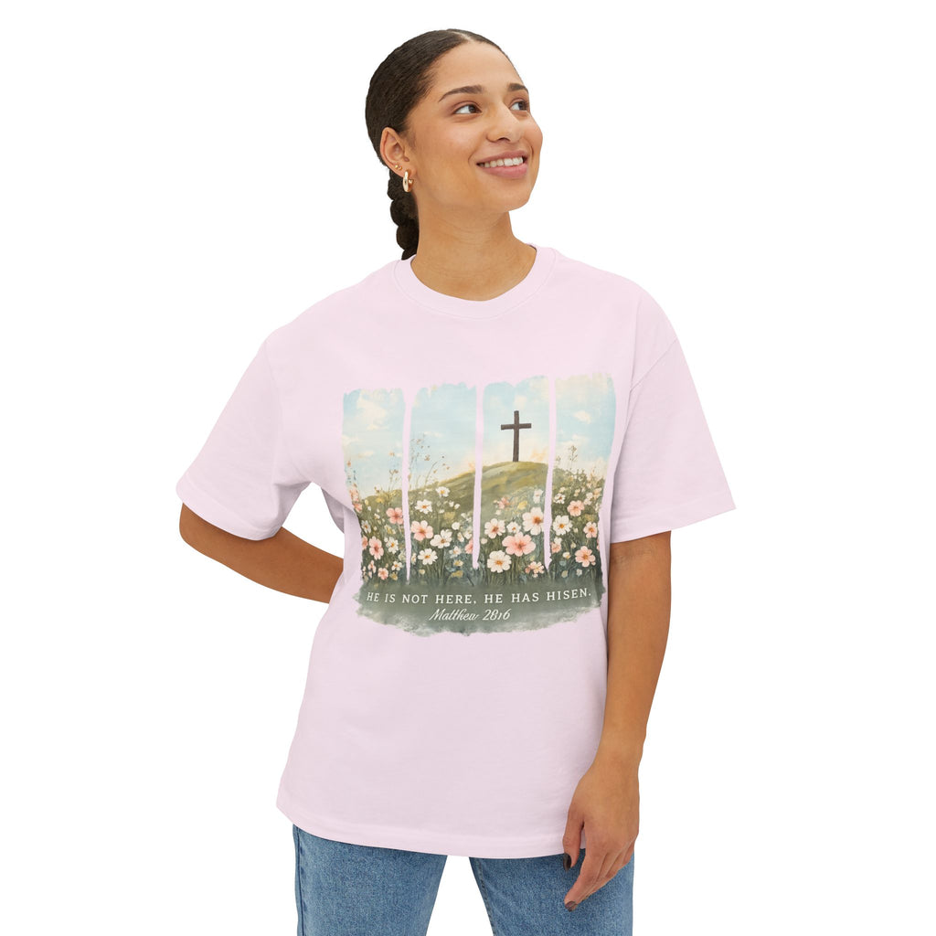 Easter Cross Tee — “He Is Not Here, He Has Risen” Floral Graphic Shirt