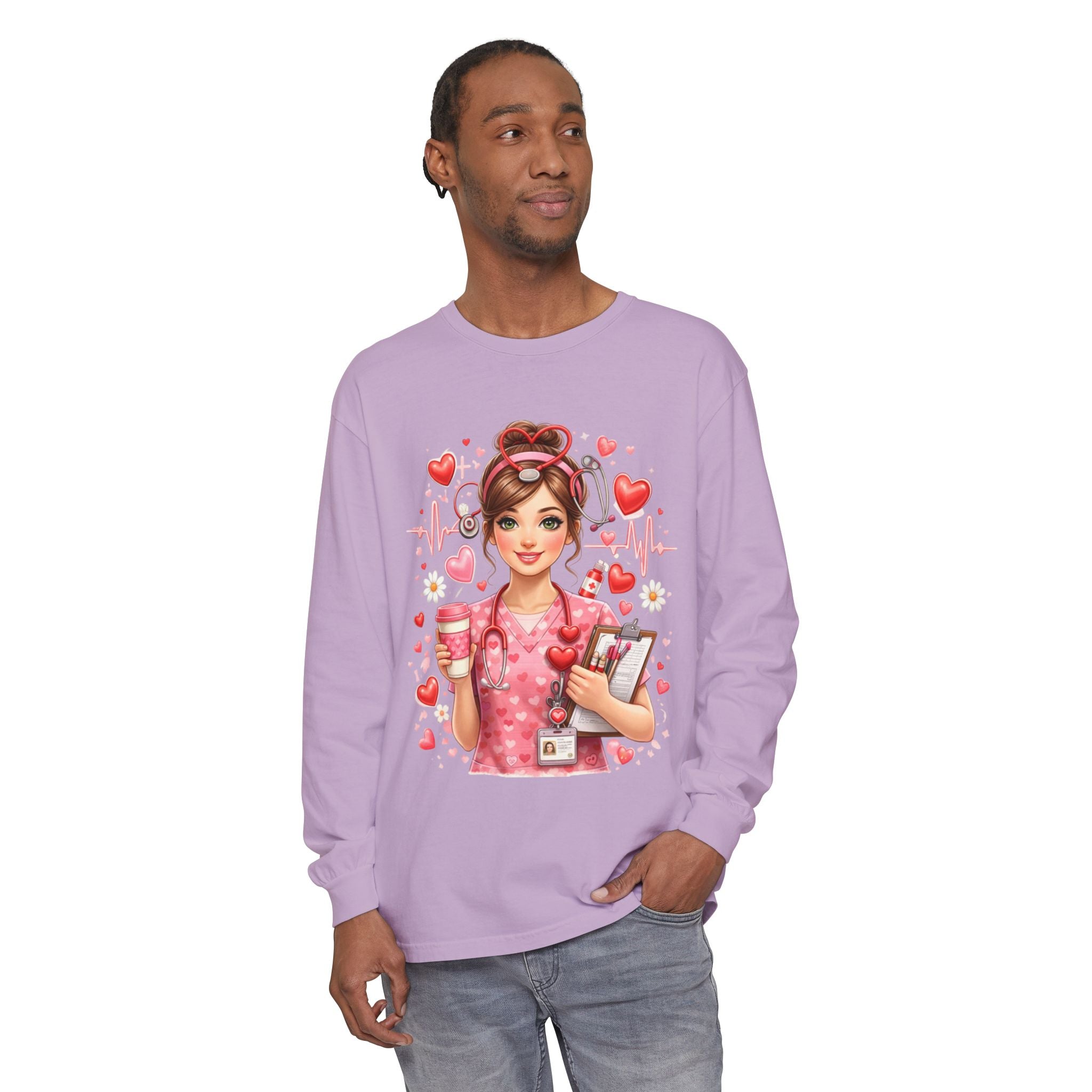 Nurse Love Long Sleeve T-Shirt — Cute Heartbeat Healthcare Graphic