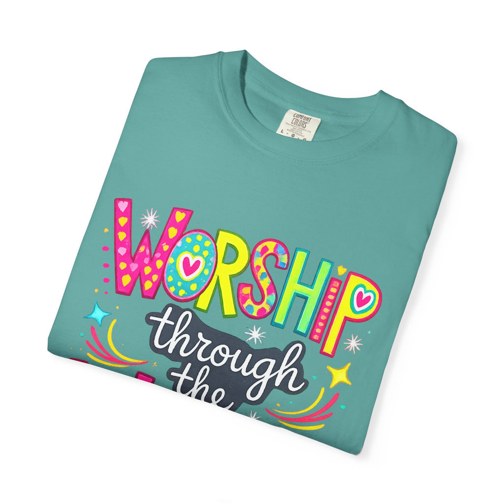 Worship Through the Worry T-Shirt — Colorful Christian Faith Tee