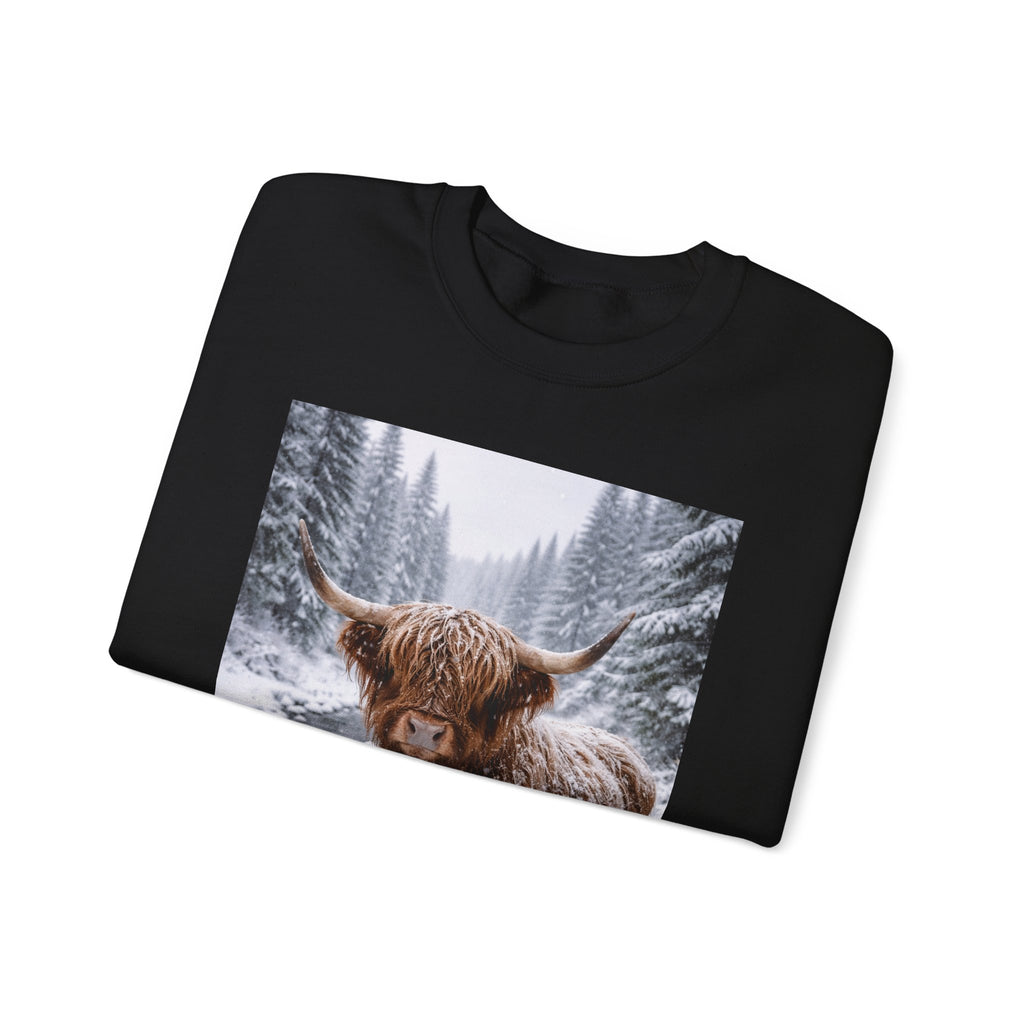 Highland Cow in Snow Crewneck Sweatshirt - Cozy Winter Forest Highlander Graphic