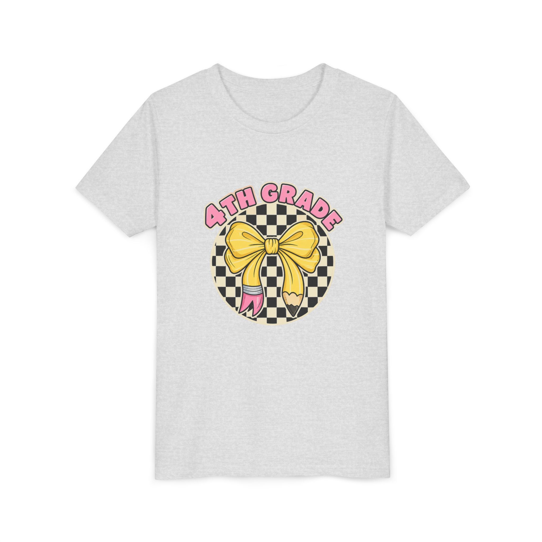 4th Grade Youth Tee — Cute Checkerboard Bow Back-to-School Shirt