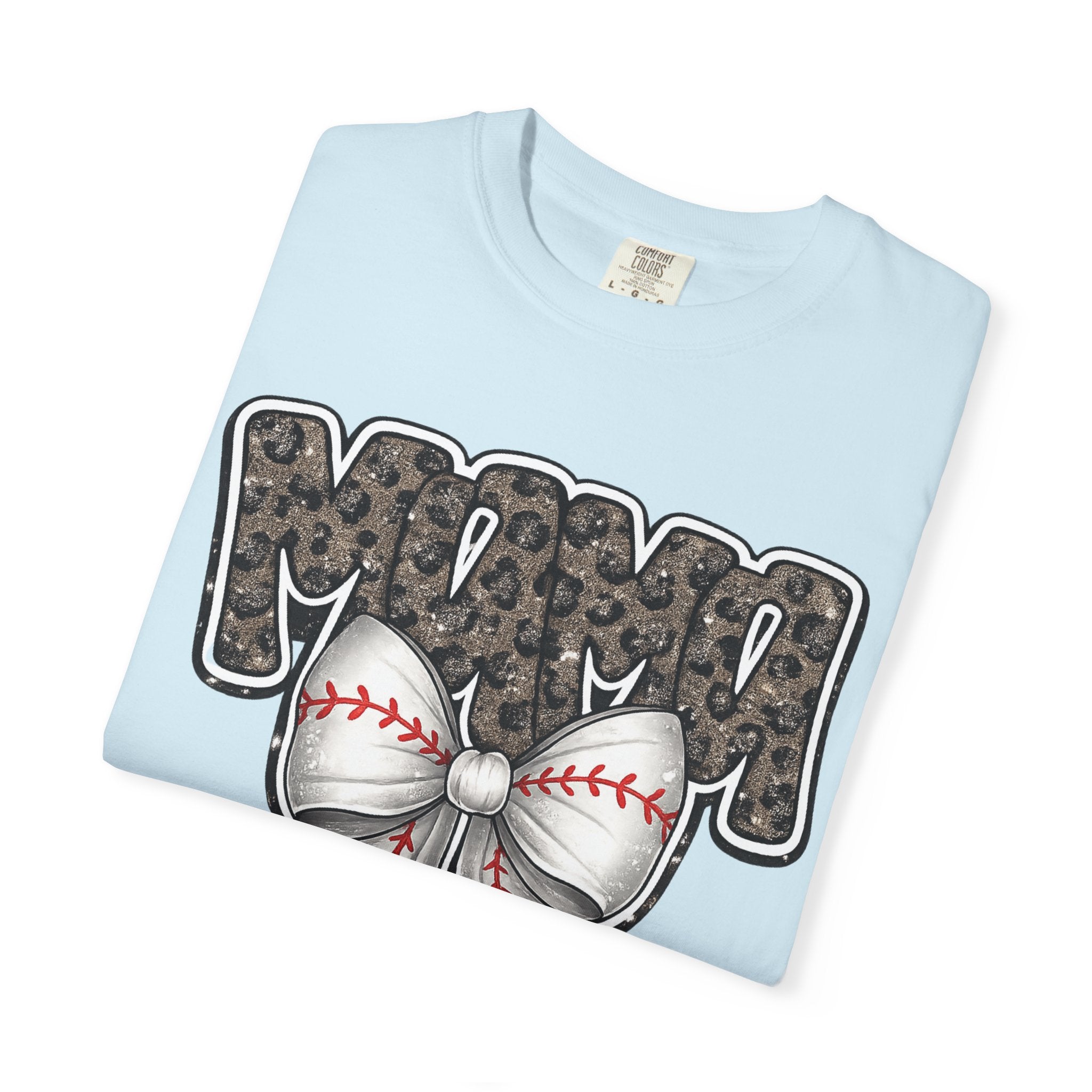 Baseball Mom T-Shirt — Camo Lettering with Baseball Bow