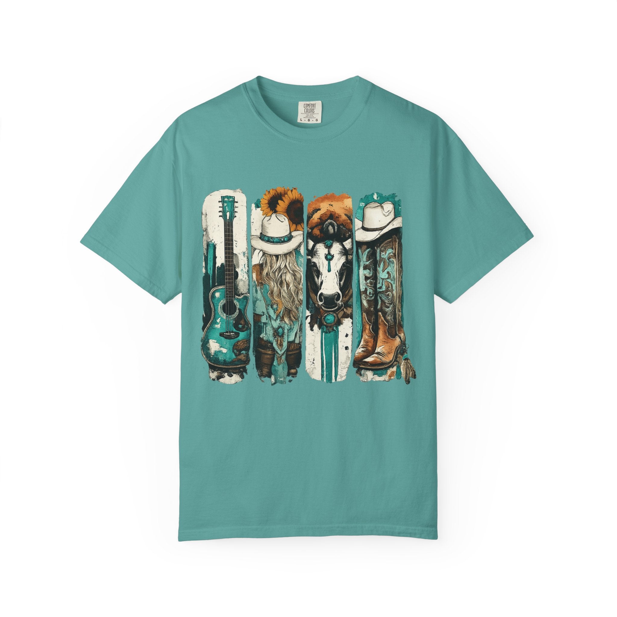 Western Music Icons T-Shirt — Rustic Guitar, Boots & Hat Graphic Tee