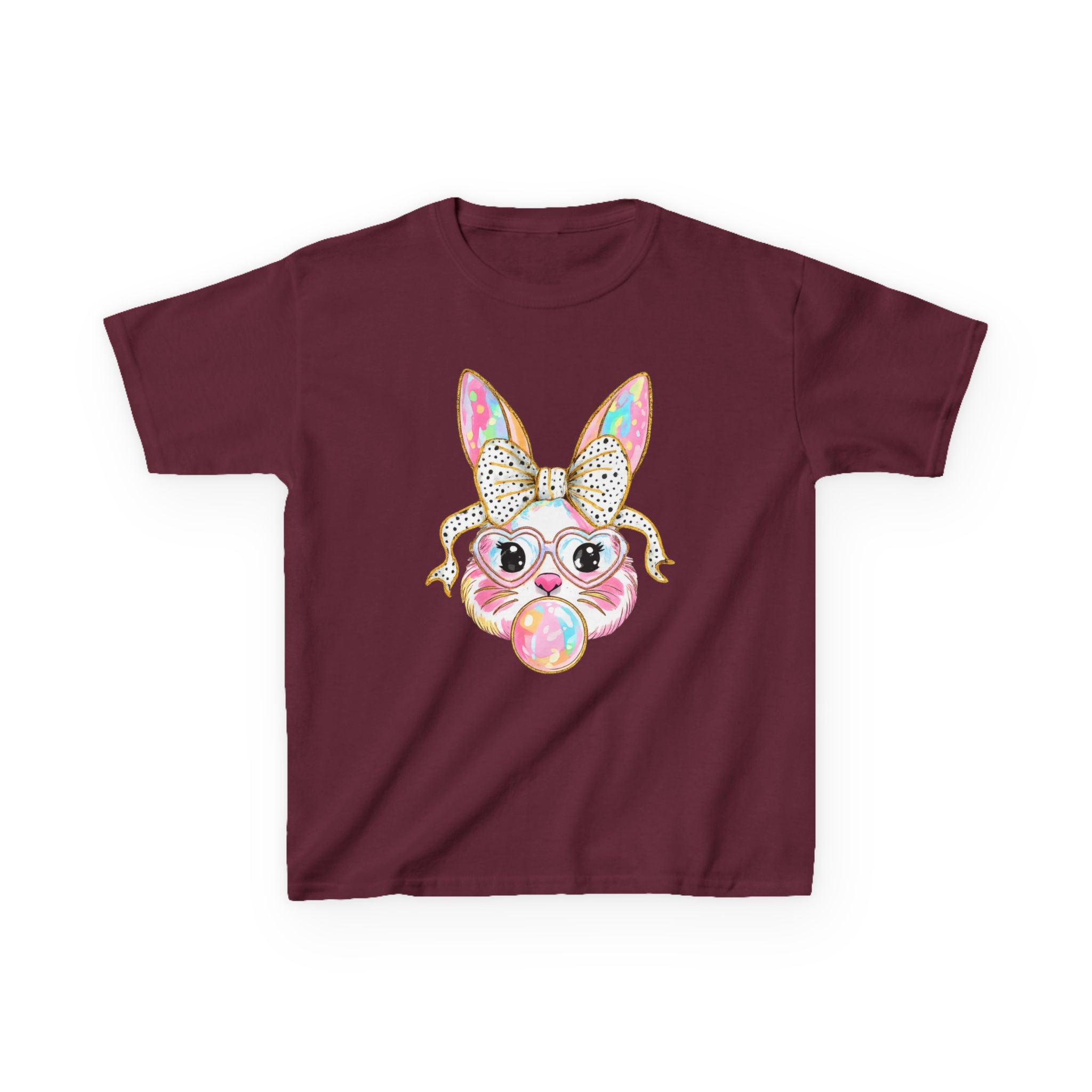 Kids Bunny Bubblegum Tee — Cute Bunny with Bow & Glasses Kids T-Shirt