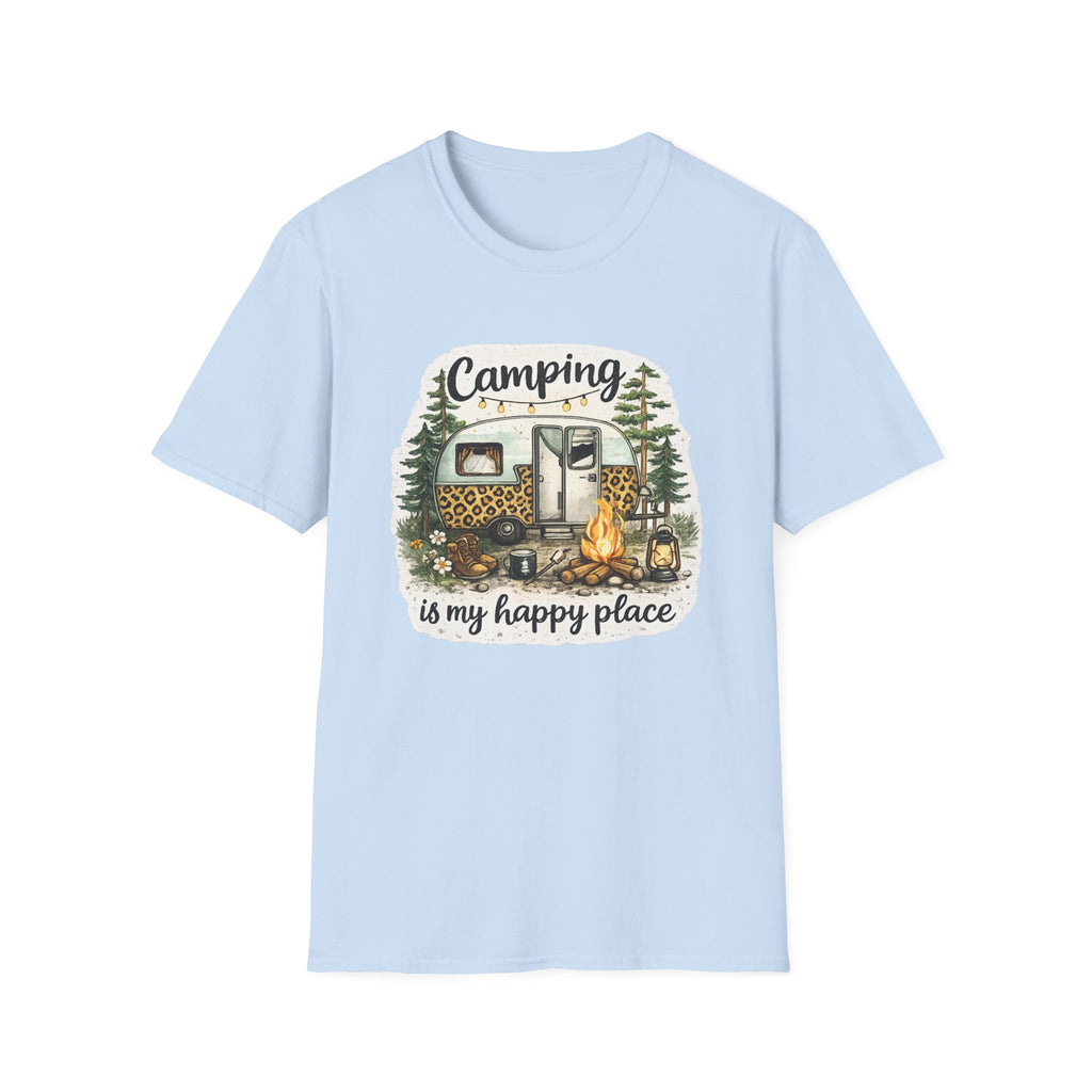 Camping Is My Happy Place T‑Shirt — Leopard Camper Graphic Tee