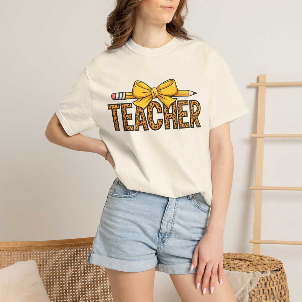 Teacher Leopard Print Pencil Bow T-Shirt — Cute Back-to-School Gift for Educators