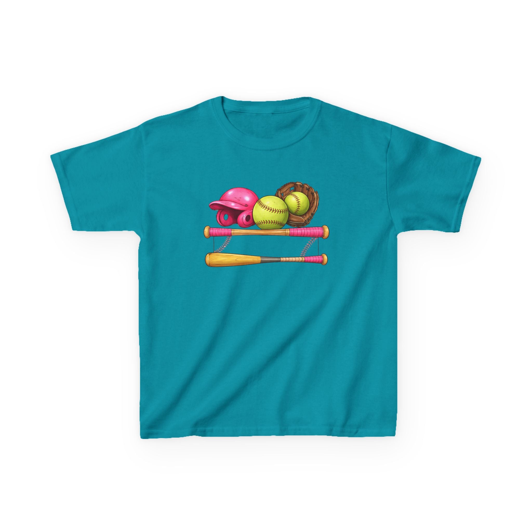 Kids Softball Gear T-Shirt — Pink Helmet, Bat & Glove Baseball Design