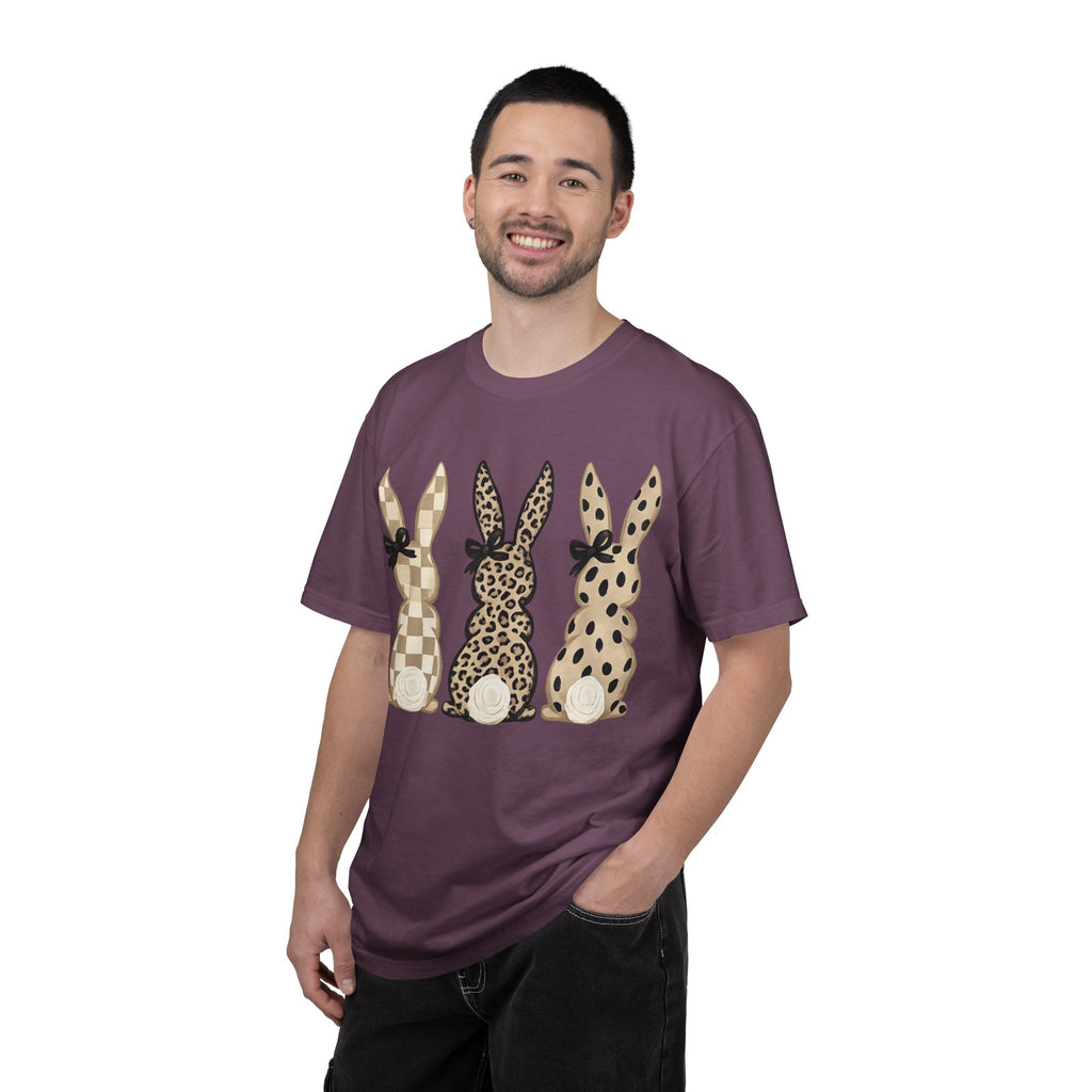Easter Bunny Trio T-Shirt — Neutral Plaid, Leopard & Polka Dot Bunnies
