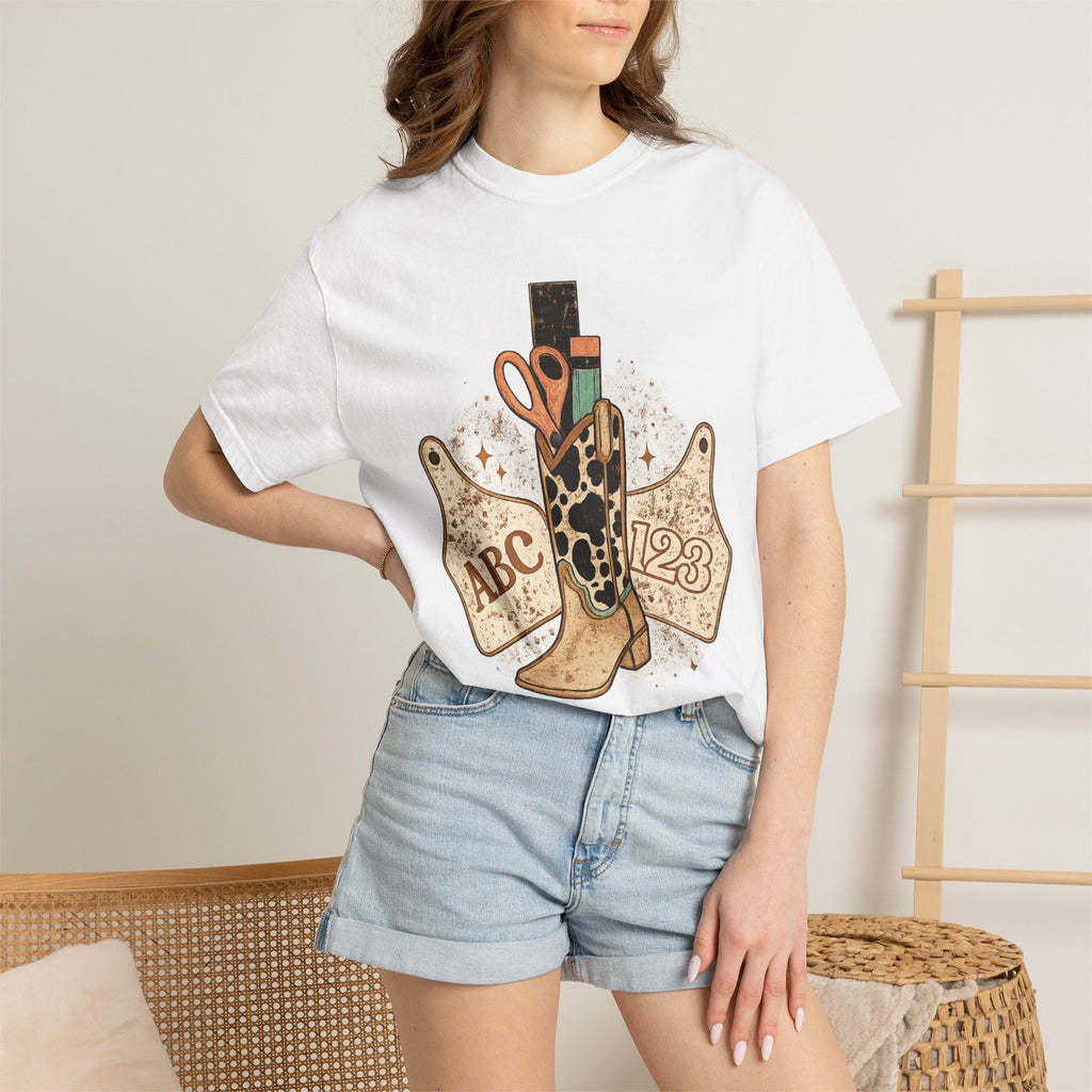 Teacher Cowgirl Boot T-Shirt – ABC 123 Classroom Scissors Design
