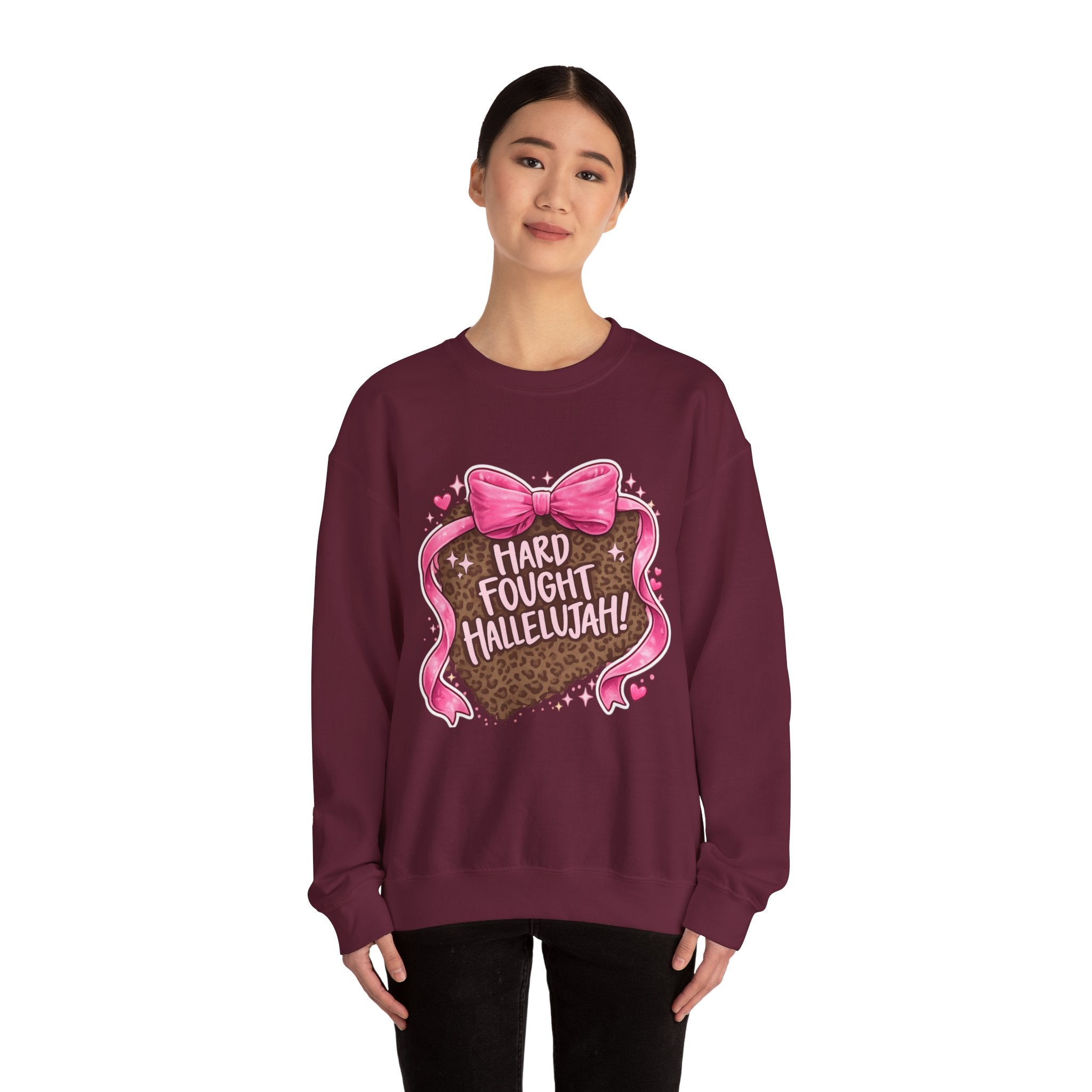 Crewneck Sweatshirt — "Hard Fought Hallelujah" Heart Graphic (Pink Bow, Leopard Print)