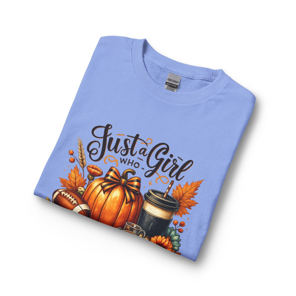 Fall Graphic Long Sleeve Tee — “Just a Girl Who Loves Fall” Pumpkin & Coffee Design