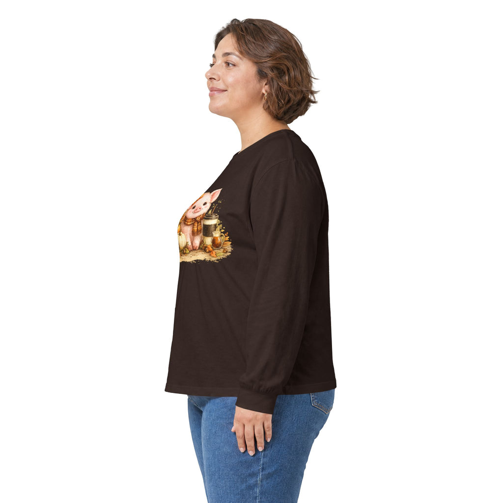 Long Sleeve Tee — Cute Fall Pig with Pumpkins & Sunflower Autumn Graphic