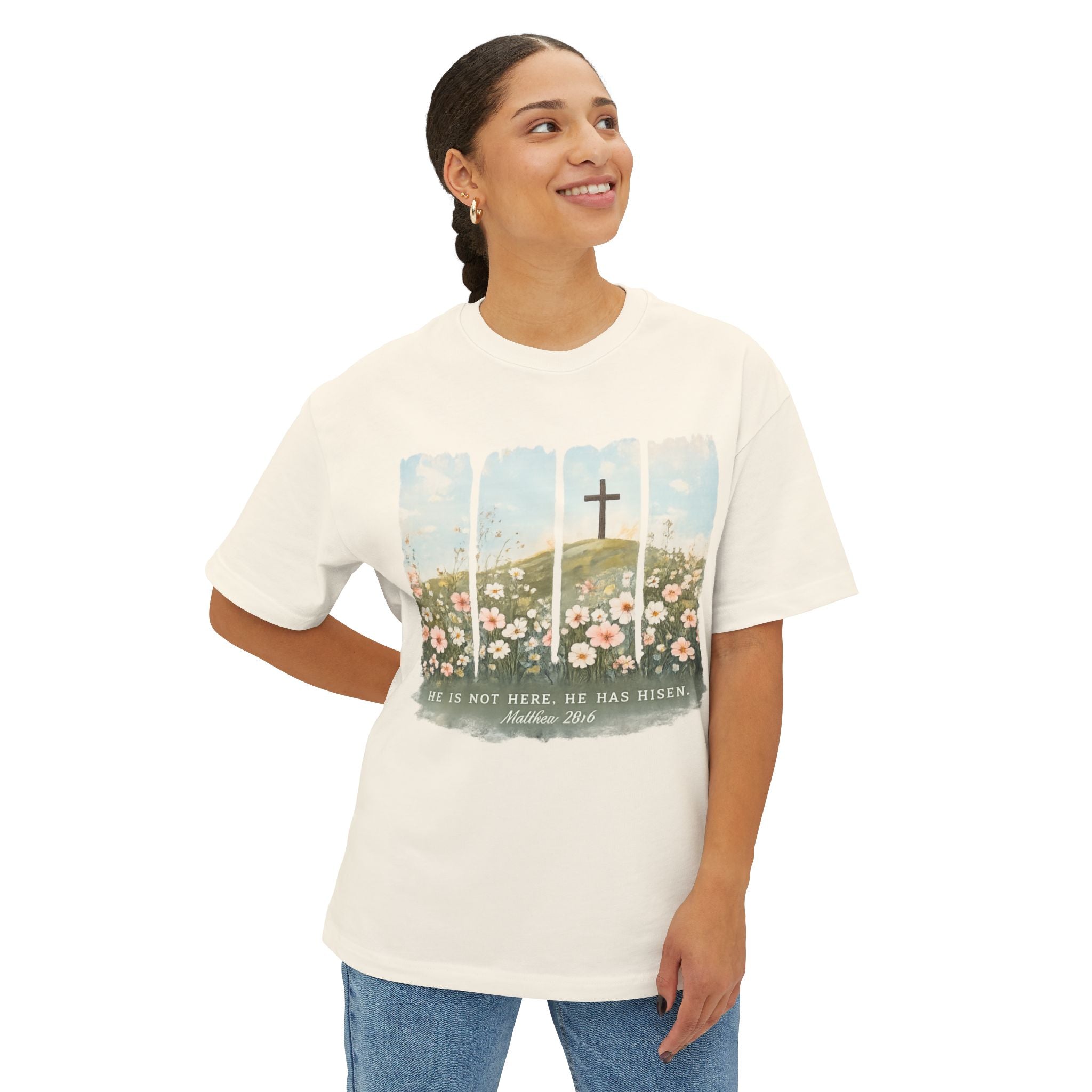 Easter Cross Tee — “He Is Not Here, He Has Risen” Floral Graphic Shirt
