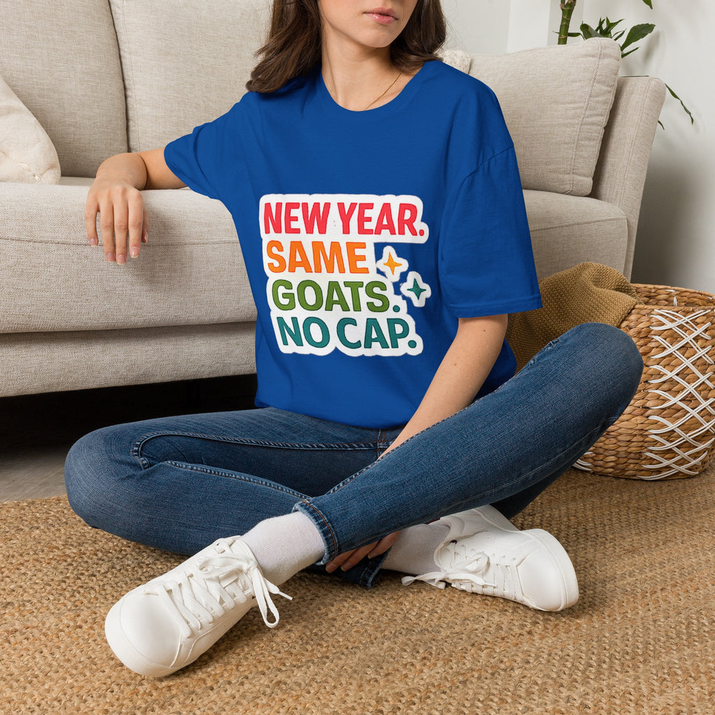 T‑Shirt — "New Year. Same Goats. No Cap." Colorful Graphic Tee for Goat Lovers & Funny New Year Celebrations