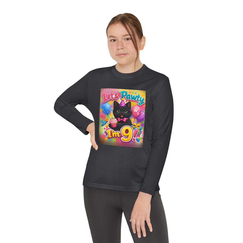 Kids' 9th Birthday Long Sleeve Tee — "Let's Pawty I'm 9!" Cat Birthday Shirt