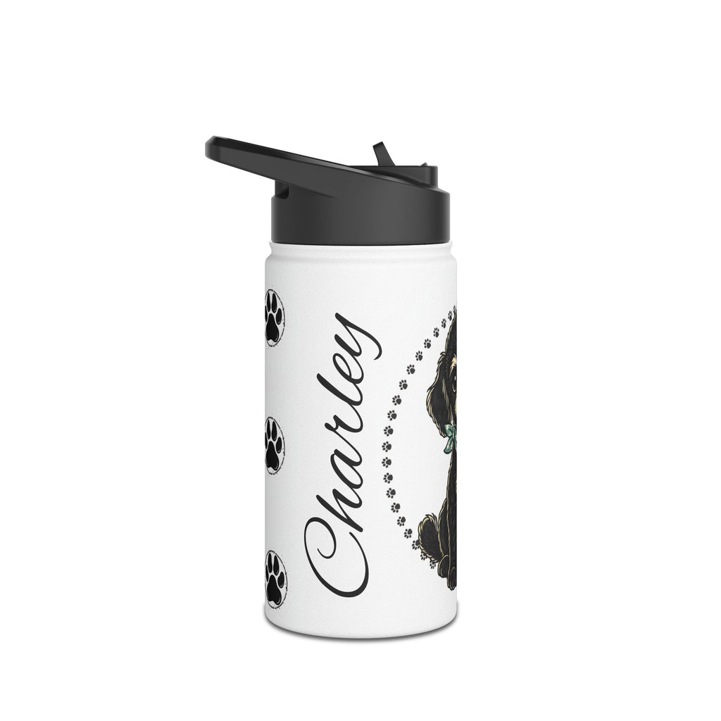 Cute Black Puppy Stainless Steel Water Bottle — Dog Paw Pattern, 'Best Friend' Gift