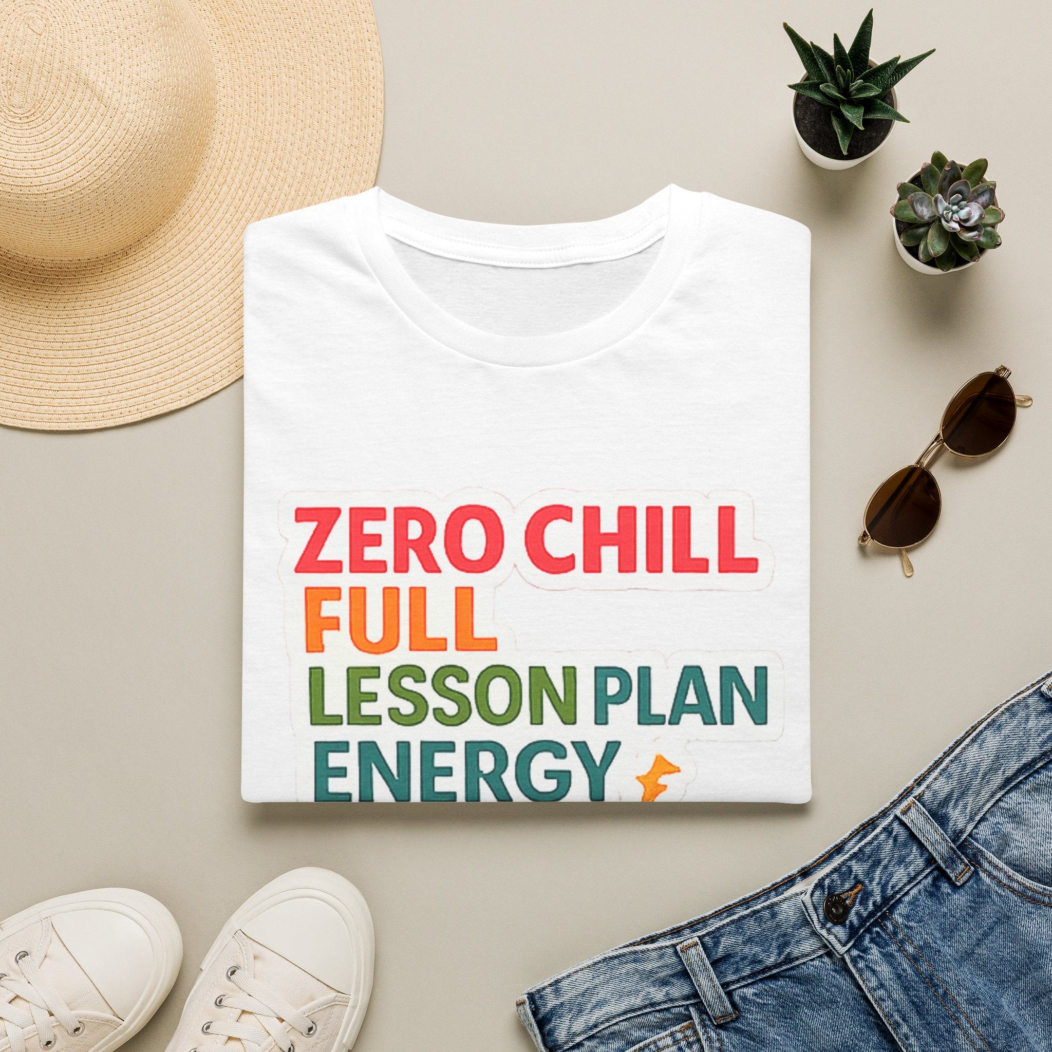 Teacher T-Shirt — "Zero Chill, Full Lesson Plan Energy" Colorful Graphic Tee