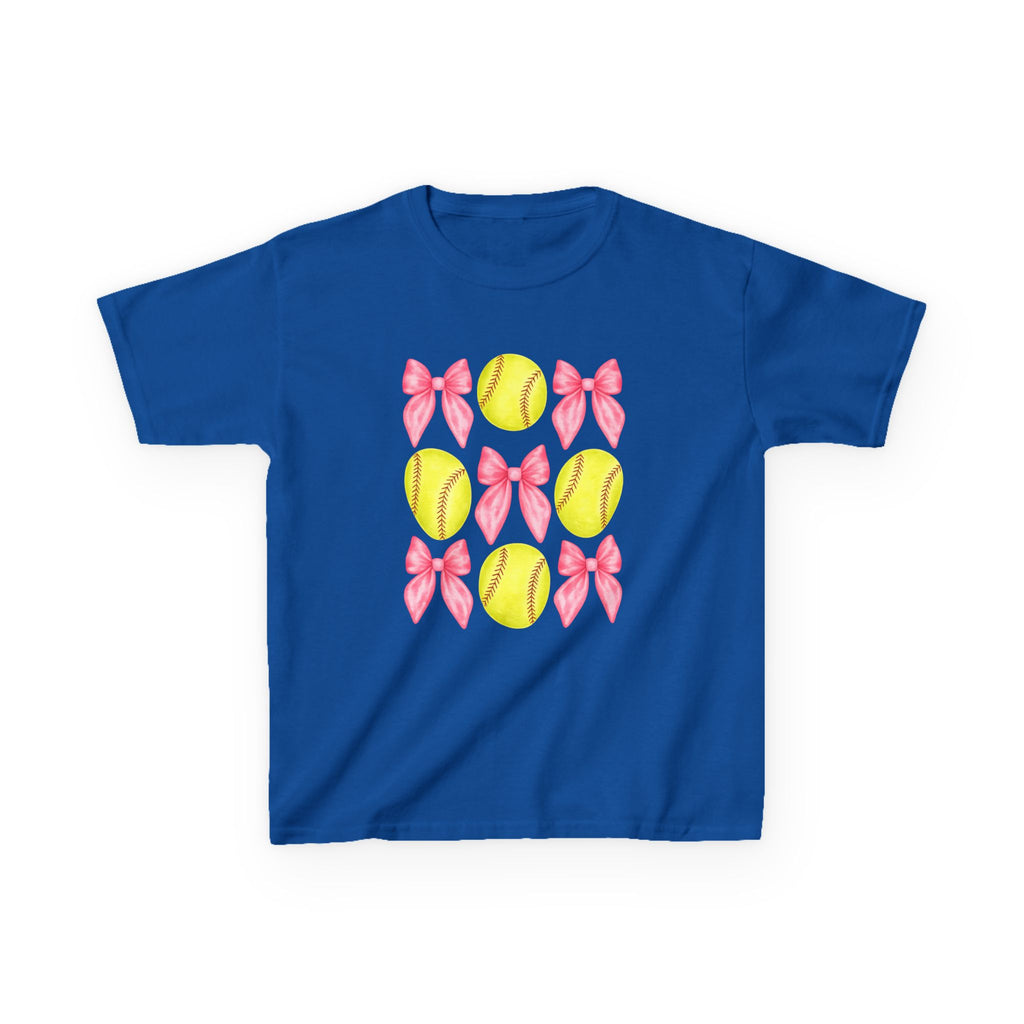 Girls Softball & Bows Kids Tee — Pink Bow Softball Pattern Shirt