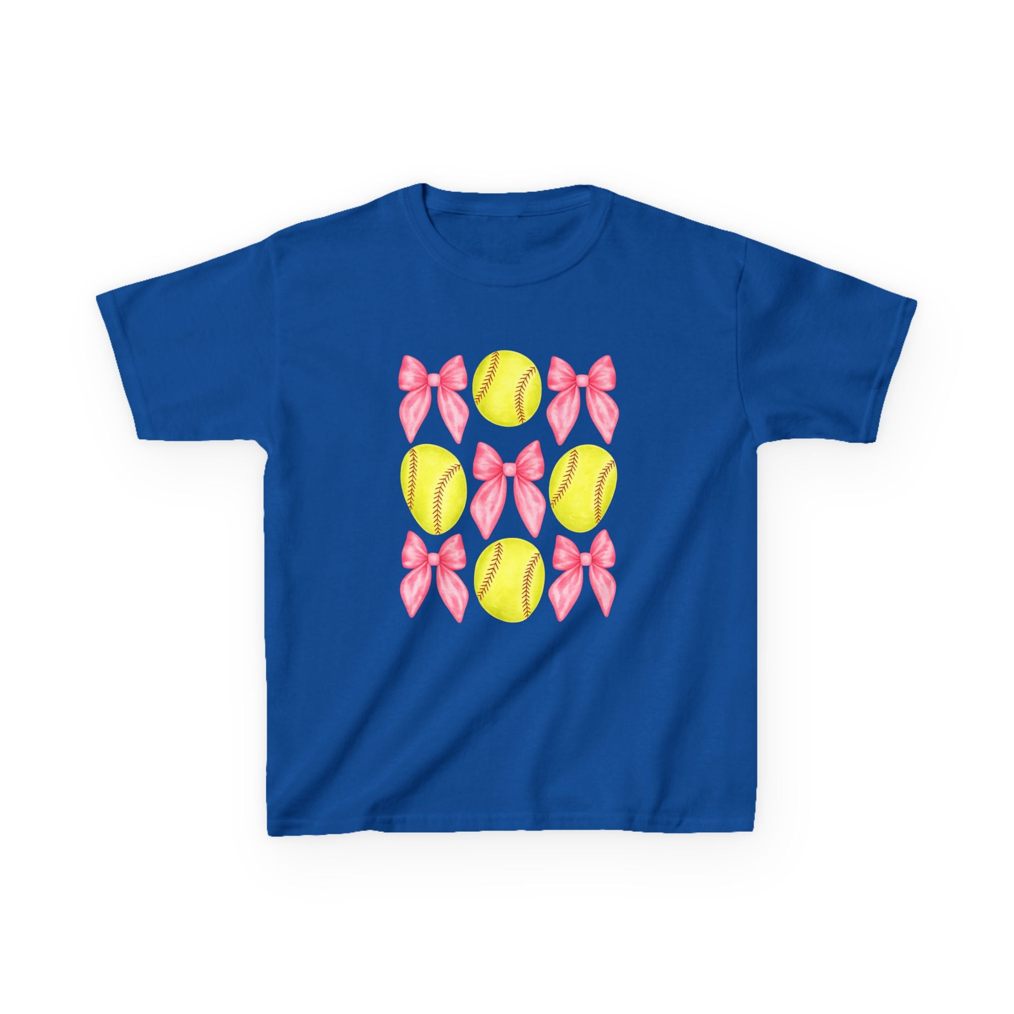 Girls Softball & Bows Kids Tee — Pink Bow Softball Pattern Shirt