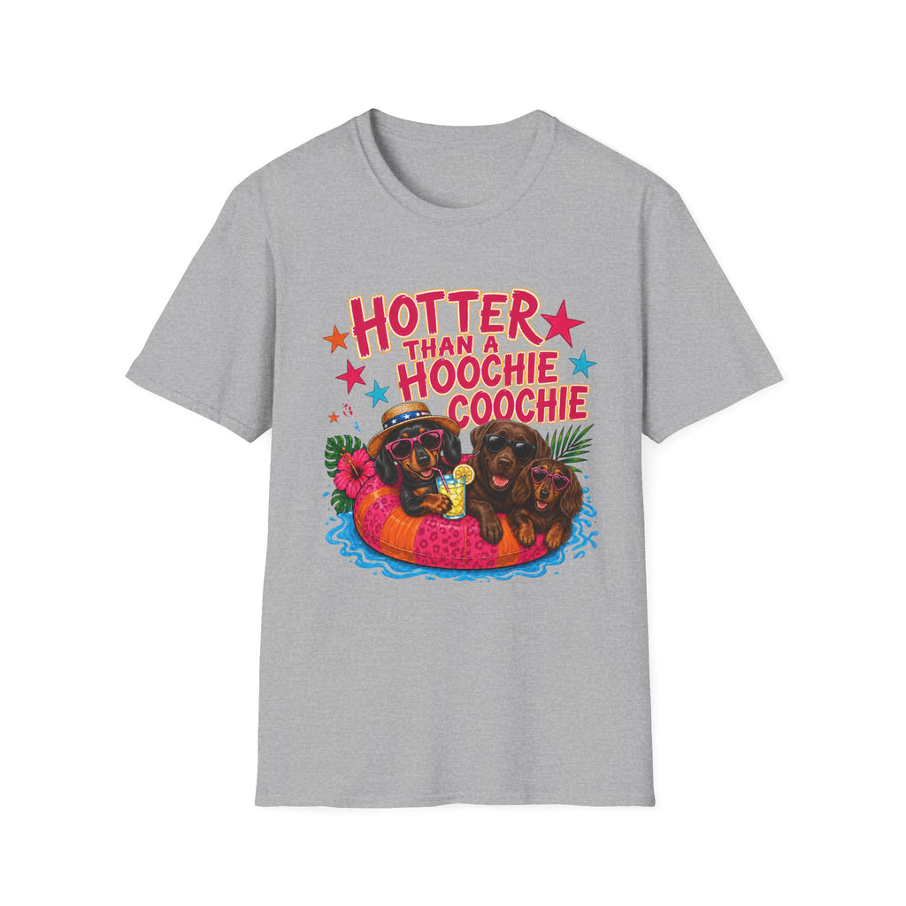 Hotter Than a Hoochie Coochie T-Shirt — Funny Summer Graphic Tee with Dogs
