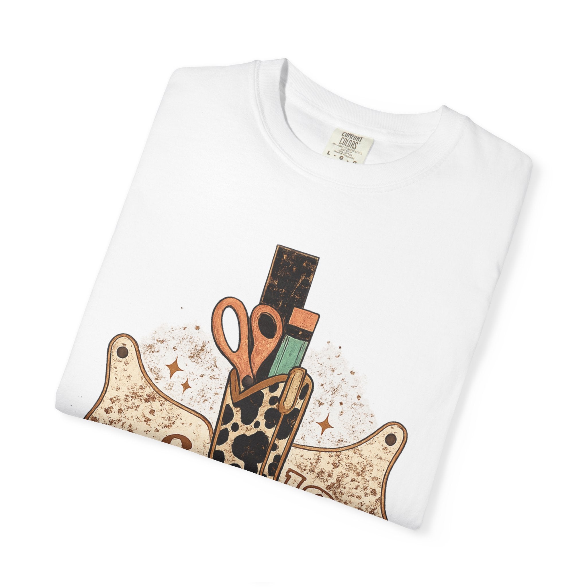 Teacher Cowgirl Boot T-Shirt – ABC 123 Classroom Scissors Design