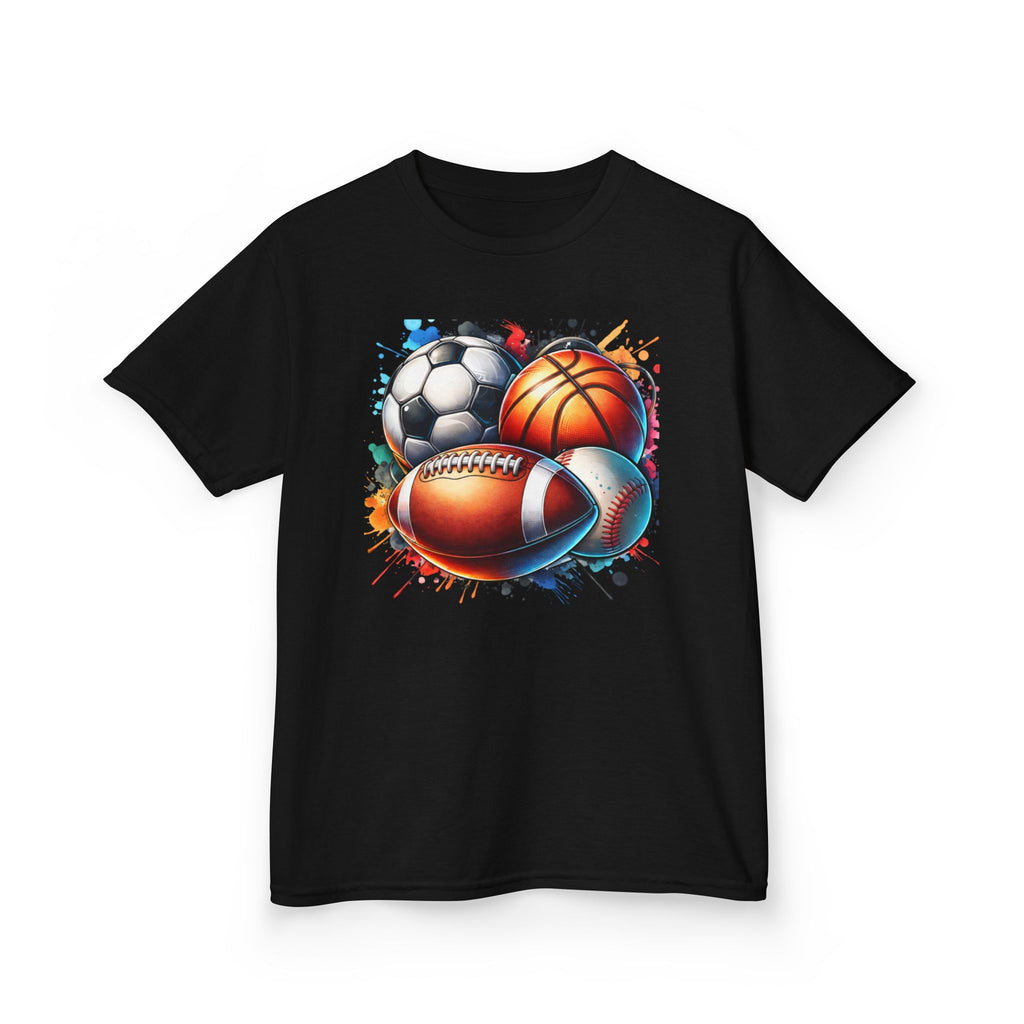 Kids Multi-Sport Splash T-Shirt — Soccer, Basketball & Football Graphic