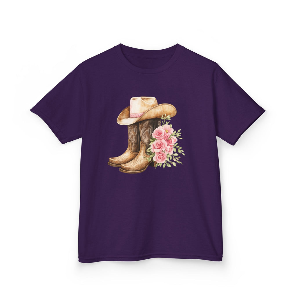 Kids Western Tee — Cowboy Hat & Boots with Pink Floral Design