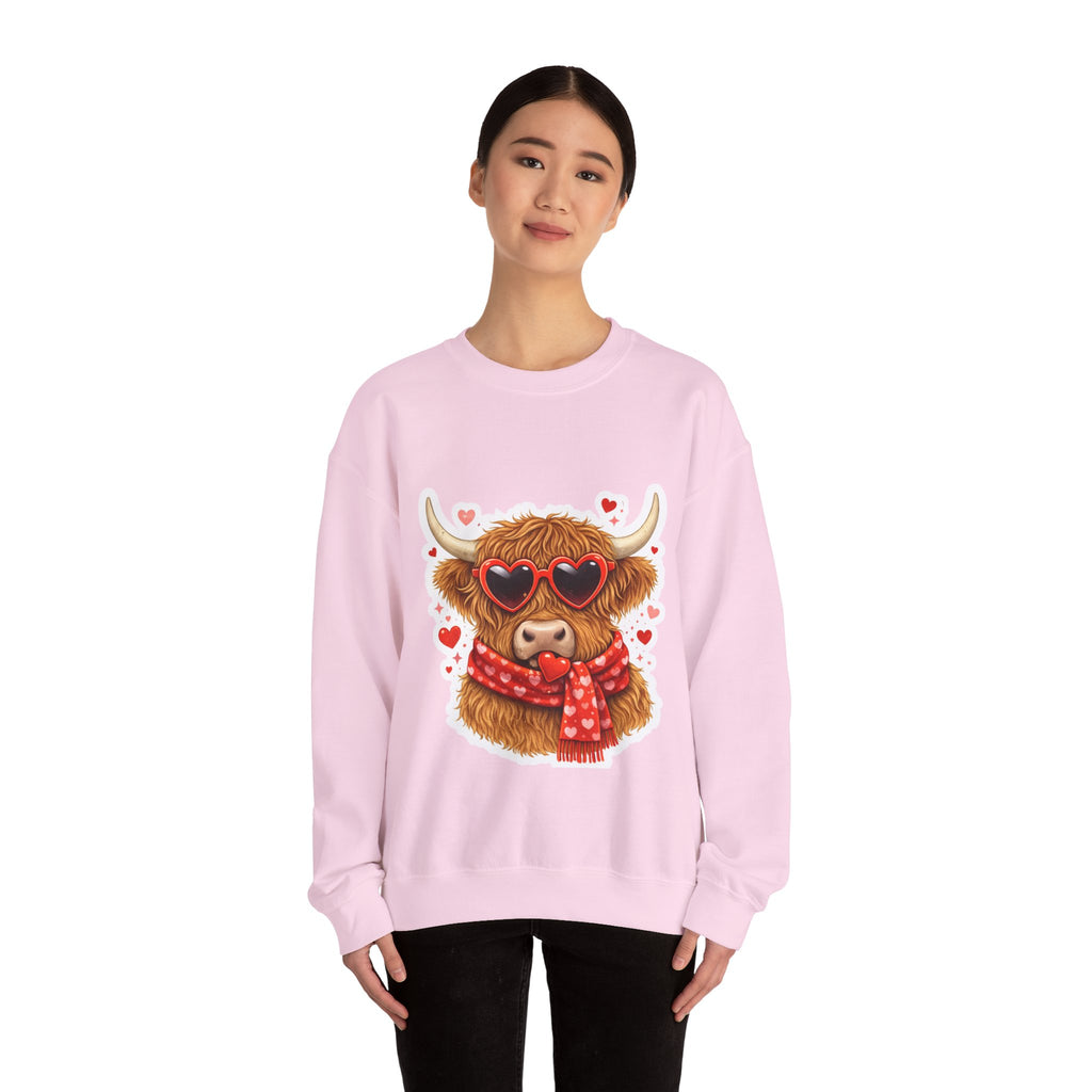 Valentine Highland Cow Sweatshirt – Cute Heart Sunglasses & Scarf Crewneck