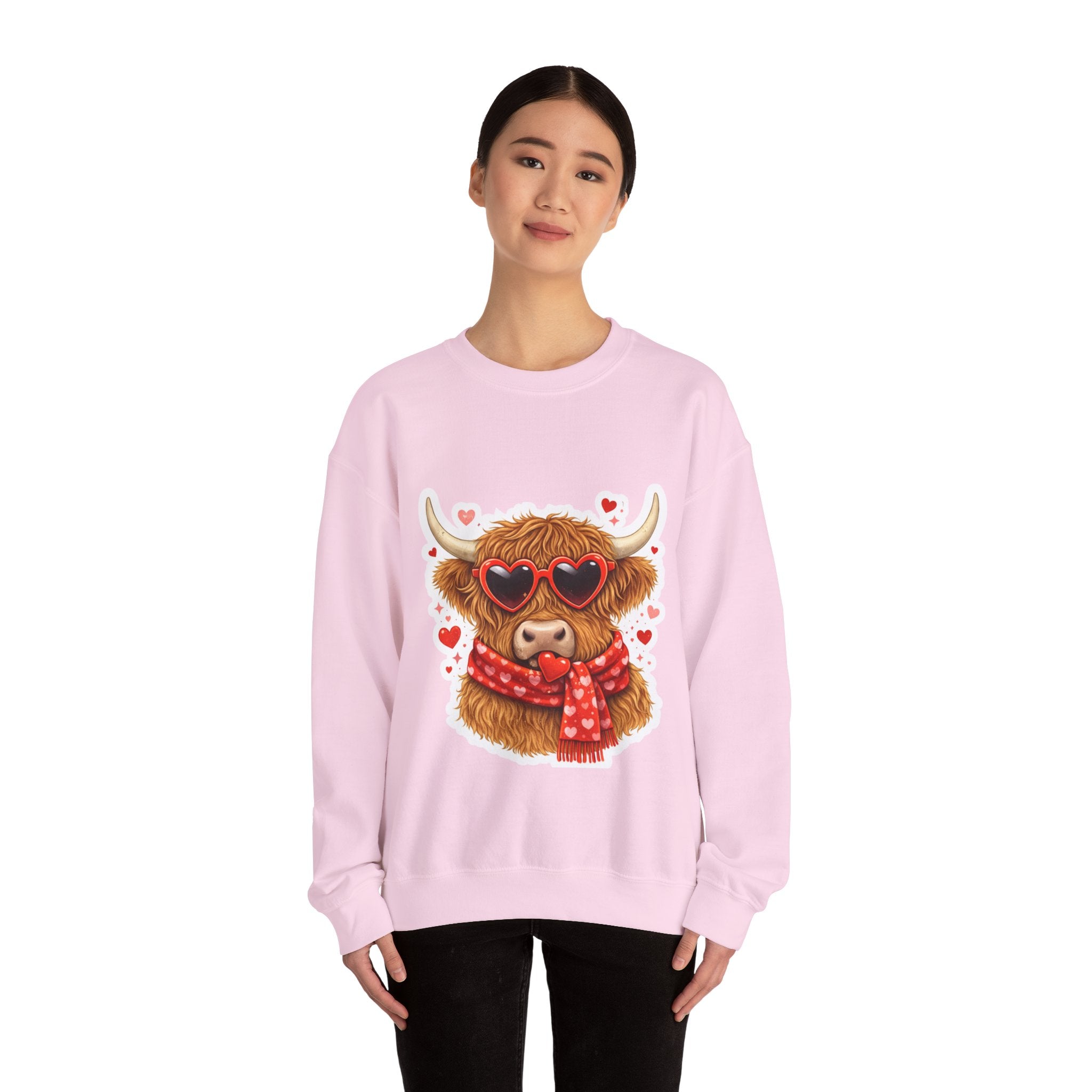 Valentine Highland Cow Sweatshirt – Cute Heart Sunglasses & Scarf Crewneck