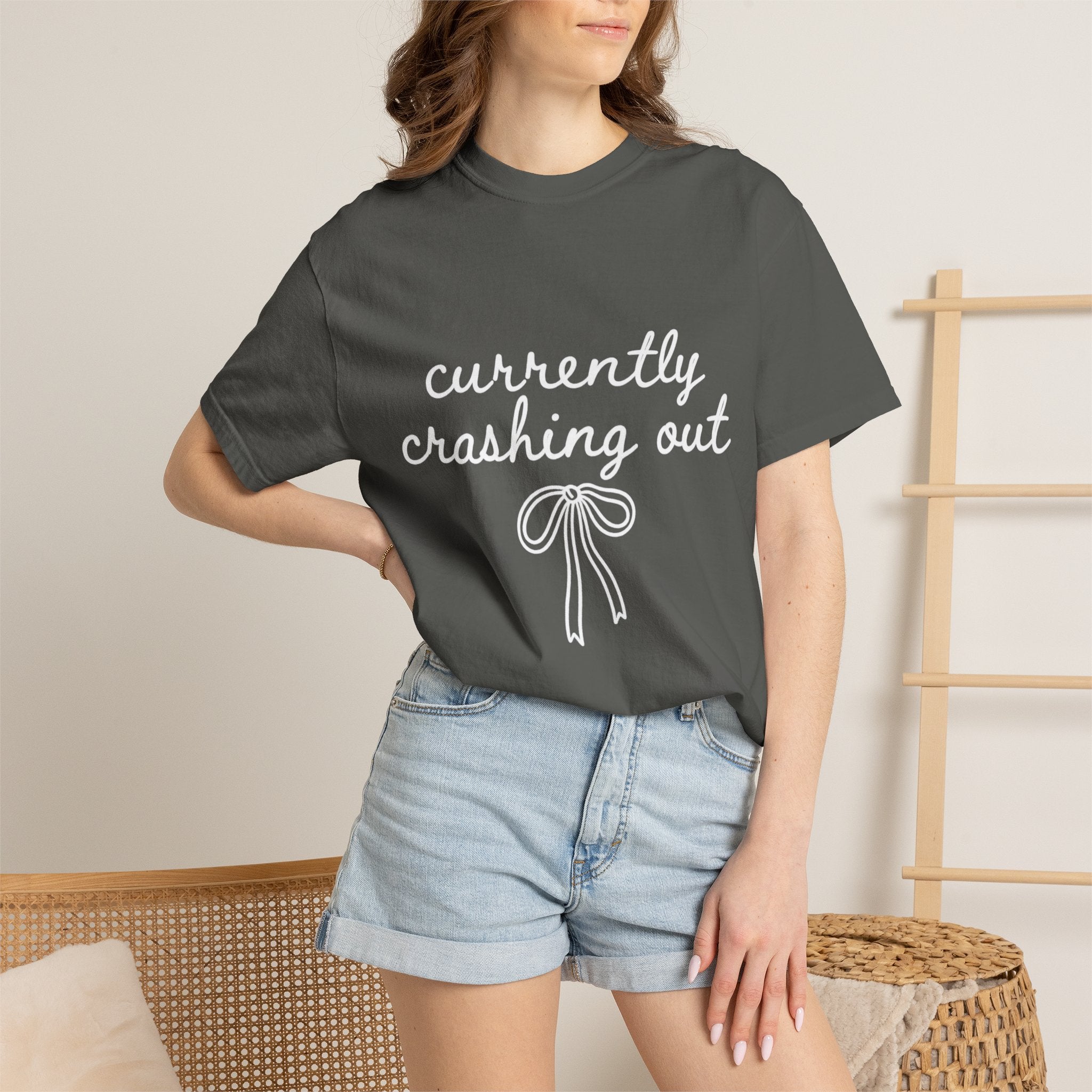White Garment-Dyed T-Shirt — Minimal Ribbon Graphic Tee