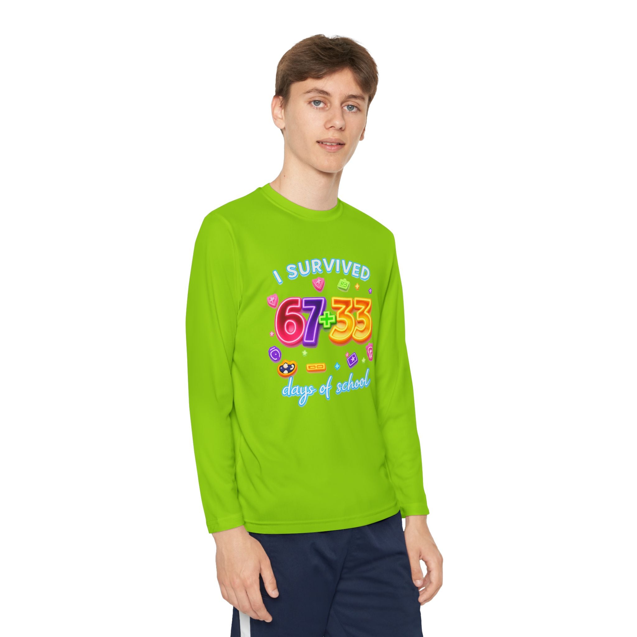 Youth Long Sleeve Tee — "I Survived 67+33 Days of School" Colorful Celebration Shirt
